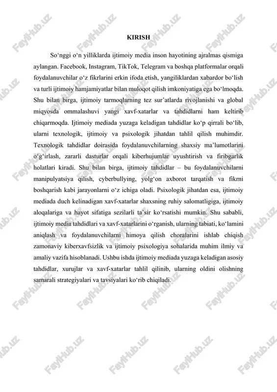 foydalanuvchilarni shaxsiy, moliyaviy va ruhiy xavf ostiga qo‘yadi hamda jamiyatning umumiy kiberxavfsizligiga salbiy ta’sir ko‘rsatadi. tahdidlar va xurujlarni tizimli ravishda tahlil qilish foydalanuvchilarni himoya qilish choralarini samarali ishlab chiqish imkonini beradi. 1. texnologik tahdidlar texnologik tahdidlar ijtimoiy media platformalarining ishlash mexanizmlari va texnologik infratuzilmasiga qaratilgan hujumlarni o‘z ichiga oladi. ularga quyidagilar kiradi: · shaxsiy ma’lumotlarni o‘g‘irlash (phishing va scam): foydalanuvchilarni aldash orqali ularning login, parol, karta ma’lumotlari va boshqa shaxsiy ma’lumotlarini qo‘lga kiritish. phishing usullari elektron pochta xabarlari, soxta veb-saytlar va ijtimoiy tarmoq xabarlarida namoyon bo‘ladi. · zararli dasturlar (malware): viruslar, trojanlar va boshqa zararli dasturlar foydalanuvchi qurilmasiga zarar yetkazish, ma’lumotlarni o‘g‘irlash yoki tizim ishlashini buzish maqsadida ishlatiladi. · kiberhujumlar (hacking): tarmoqlar, shaxsiy akkauntlar yoki platformalarni buzish orqali foydalanuvchilar va tashkilotlarga moliyaviy, ma’lumotiy yoki obro‘ jihatdan zarar yetkazish. 2. ijtimoiy tahdidlar ijtimoiy tahdidlar insonlarning ijtimoiy muloqotlari va onlayn faolligiga bog‘liq bo‘lib, ular jamiyatning axborot maydonida yuzaga keladigan manipulyatsiyalarni o‘z ichiga …
