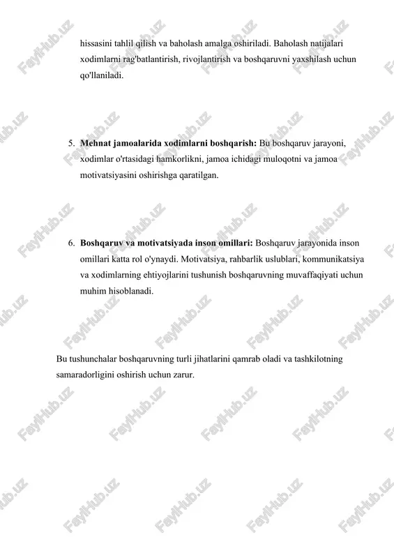 va muhim bosqichi bo' lib, tashkilotning kelajakdagi maqsadlari va ularni amalga oshirish usullarini aniqlashni o'z ichiga oladi. rejalashtirish tashkilotning resurslari, bozor sharoitlari va raqobat muhitini hisobga olgan holda amalga oshiriladi. 2. mbo (maqsadlar bo'yicha boshqa ruv): bu usulda har bir xodim uchun aniq maqsadlar qo'yiladi va ularning amalga oshirilishi boshqariladi. xodimlarning ish natijalari belgilangan maqsadlarga erishish darajasi asosida baholanadi. 3. qaror qabul qilish: tashkilot faoliyatini samarali boshqaris h uchun turli darajalarda qarorlar qabul qilinadi. qaror qabul qilish jarayoni ma'lumot yig'ish, tahlil qilish va muqobil yechimlarni baholashni o'z ichiga oladi. 4. xodimlarni boshqarish samaradorligini baholash: bu jarayonda xodimlarning ish faoliyatini va ularning tashkilot maqsadlariga qo'shgan /docprops/thumbnail.emf rasulov adhambek mamarajab o ? g ? li ec 04 - 20d guruh 8 - mavzu xulosa m avzular boshqaruv jarayonlariga oid turli jihatlarni qamrab oladi. quyida har biriga qisqacha izoh berilgan : 1. rejalashtirish: boshqaruv jarayonining birinchi va muhim bosqichi bo' lib, tashkilotning kelajakdagi …