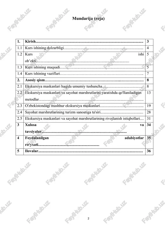ydigan muhim element sifatida qayd etiladi. o'zbekistonning boy tarixiy merosi, tabiiy go'zalliklari va madaniy obidalari sayohatchilar uchun jozibali ekskursiya maskanlariga aylangan. ekskursiyalar orqali sayohatchilar nafaqat turistik joylarni ziyorat qilish, balki mahalliy an'analarga chuqurroq kirish imkoniyatiga ega bo'ladilar. shuning uchun ekskursiya maskanlari va sayohat marshrutlarini to'g'ri tashkil etish, turizm sohasini rivojlantirish va milliy iqtisodiyotga qo'shilgan hissani oshirish uchun juda muhimdir. ekskursiyalar turizmning ajralmas qismidir, chunki ular sayohatchilarga yangi joylarni o'rganish, turli madaniyatlar bilan tanishish va tarixiy obidalar haqida ma'lumot olish imkoniyatini yaratadi. sayohat marshrutlari orqali sayohatchilar uchun qulay va xavfsiz yo'nalishlar yaratish, turizmni yanada ommalashtirishga yordam beradi. ekskursiya maskanlarining xilma-xilligi va sayohat marshrutlarining turli xil shakllari (yig'ish, guruhli, individuallashgan) turistlar talabiga mos ravishda ishlab chiqilishi kerak. kurs ishining asosiy maqsadi ekskursiya maskanlari va sayohat marshrutlarining ahamiyatini o'rganish, ularning turizm sohasidagi o'rnini tahlil qilish va o'zbekistondagi mashhur marshrutlarni ko'rib chiqishdir. shuningdek, ekskursiya maskanlari va sayohat marshrutlarini rejalashtirishda qo'llaniladigan metodlarni o'rganish ham kurs …