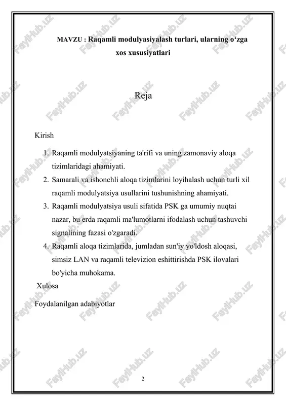 abi turli xil muhitlarda uzatishni osonlashtiradi. raqamli ma'lumotni modulyatsiyalangan signallarga aylantirish orqali raqamli modulyatsiya usullari aloqa o'tkazuvchanligidan samarali foydalanish, shovqinga qarshi immunitetni yaxshilash va ma'lumotlar yaxlitligini oshirish imkonini beradi va shu bilan bugungi o'zaro bog'langan dunyoda uzluksiz ulanish imkonini beradi. raqamli modulyatsiya turlari: raqamli modulyatsiya har biri o'ziga xos kodlash sxemalari va modulyatsiya parametrlari bilan tavsiflangan bir qator texnikalarni o'z ichiga oladi. raqamli modulyatsiyaning asosiy turlariga quyidagilar kiradi: amplitudani almashtirish (ask): askda raqamli ma'lumotlar tashuvchi signalining amplitudasini o'zgartirish orqali ifodalanadi. askni amalga oshirish nisbatan sodda, lekin shovqin va shovqinlarga sezgir bo'lishi mumkin. chastotani almashtirish (fsk): fsk raqamli ma'lumotni uzatish uchun tashuvchi signalining chastotasini modulyatsiya qiladi. u amplituda o'zgarishlariga chidamlilikni taklif qiladi, ammo boshqa texnikalarga nisbatan kengroq tarmoqli kengligi talab qilishi mumkin. fazani almashtirish (psk): psk raqamli ma'lumotlarni kodlash uchun tashuvchi signalining fazasini o'zgartiradi. u yuqori spektral samaradorlikni ta'minlaydi va raqamli aloqa tizimlarida keng qo'llaniladi. kvadrat amplituda modulyatsiyasi (qam): qam yuqori …