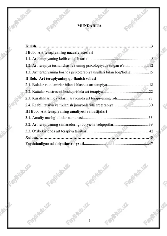 moqda. shu nuqtai nazardan, art terapiya insonning ichki hissiy holatini ifodalash, salbiy his-tuyg‘ulardan xalos bo‘lish, ijodiy qobiliyatlarini rivojlantirish va ruhiy barqarorlikni tiklash uchun samarali vosita sifatida dolzarb ahamiyatga ega. ayniqsa, art terapiya stressni boshqarish, turli yoshdagi insonlar, jumladan, bolalar va o‘smirlar, ruhiy kasalliklardan aziyat chekayotgan yoki travma boshdan kechirgan shaxslar uchun psixologik yordam ko‘rsatishda keng qo‘llanilmoqda. shuningdek, art terapiyaning turli shakllari – musiqa, rassomlik, drama va boshqa ijodiy faoliyat turlari orqali insonlarning ichki imkoniyatlarini ochib berish va ijobiy o‘zgarishlarga erishish imkoniyatlari mavjudligi bu mavzuning dolzarbligini yanada oshiradi. bu soha bugungi kunda nafaqat psixoterapiya va psixologiya, balki ta’lim va ijtimoiy reabilitatsiya sohalarida ham keng qo‘llanilmoqda.[footnoteref:1] [1: akimova, l. i. (2008). art terapiya: teoriya i praktika [art therapy: theory and practice]. moskva: akademiya. ] o‘zbekistonda ham art terapiya yangi rivojlanib borayotgan yo‘nalishlardan biri sifatida ahamiyat kasb etadi. bu mavzu yuzasidan ilmiy izlanishlar olib borish va art terapiyaning imkoniyatlarini chuqur o‘rganish ushbu sohaning …
