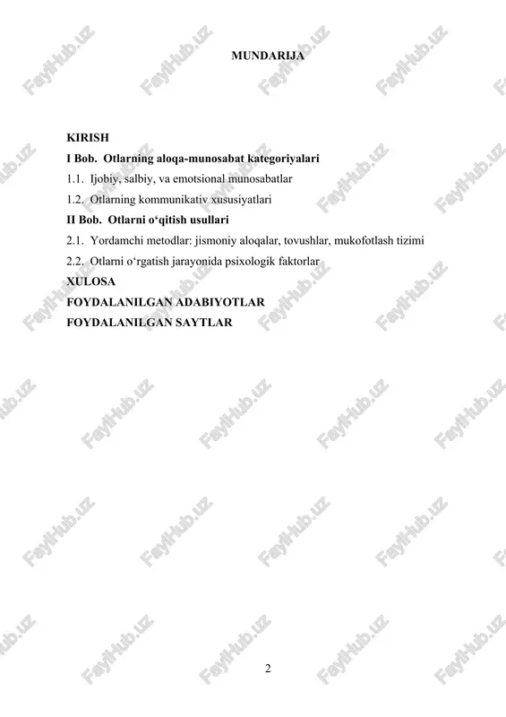 tadbirlar to‘g‘risida" gi qaror, otlar va boshqa chorva hayvonlari bilan ishlashni takomillashtirishga yo‘naltirilgan. ushbu qaror asosida qishloq xo‘jaligi, hayvonlarni parvarishlash, o‘qitish va ularning sog‘lom rivojlanishini ta'minlash uchun ilmiy yondashuvlar va zamonaviy metodlar joriy etilishi ta'minlanmoqda. qarorlar va farmonlar hayvonlar, jumladan, otlar bilan ishlashda yangi usullarni tatbiq etish zarurligini ko‘rsatadi. otlarni to‘g‘ri o‘qitish va ularning psixologik xususiyatlarini o‘rganish nafaqat ularning ishlab chiqarish samaradorligini oshiradi, balki insonlar bilan muloqotini yaxshilashga ham yordam beradi. o‘zbekiston respublikasi prezidenti tomonidan belgilangan bu chora-tadbirlar, shu jumladan, otlarni o‘qitishning samarali usullarini joriy etish, o‘qitish jarayonida hayvonlarning psixologik holatini hisobga olish va ular bilan aloqalarni optimallashtirishga xizmat qiladi. bundan tashqari, prezidentning "hayvonlarni parvarishlash va ularning ijtimoiy ahamiyatini oshirishga doir yangi chora-tadbirlar" farmoni hayvonlar bilan ishlovchi mutaxassislarning bilim va malakalarini oshirishga yo‘naltirilgan bo‘lib, o‘qitish metodlarini takomillashtirishni talab qiladi. ushbu qaror va farmonlar otlarning aloqa-munosabatlarini o‘rganish va ularni o‘qitish usullarini rivojlantirishning ilmiy va amaliy ahamiyatini ta'kidlaydi. ushbu kurs ishining asosiy …