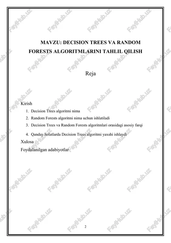 modellarda o'zgaruvchanlik va to'g'ri natijalarni ta'minlashda chegaralar bo'ladi. boshqa tomondan, random forests algoritmi, ko'p sonli decision trees modellarini birlashtirib, o'rganish kuchini oshiradi va o'zgaruvchan ma'lumotlar bo'yicha yuqori darajada ishonchli natijalarga erishishga yordam beradi. u, sinashda va o'rganishda ko'p variantlarni e'tibor qiladi va o'z xususiyatlari bilan ma'lumotlar analizining sifatini oshiradi. bu tezis ma'lumotlarni tahlil qilishda va qarorlar qabul qilishda bu ikki algoritmlarning ahamiyatini tushuntiradi." 1. decision trees algoritmi nima decision trees algoritmi ma'lumotlar analizi va maslahat olishda ishlatiladigan bir tahlil algoritmidir. bu algoritm ma'lumotlarni tahlil qilish va qarorlarni olish uchun qarorlar ketma-ketligini ifodalovchi bir grafik strukturani ishlatadi. decision trees, bir qator ma'lumotlardan olingan o'zgaruvchanlarni (features) o'rganish uchun yaratingan daraxtlarga o'xshashdir. har bir qadamda, bu daraxt "qarorlar" (decisions) sifatida ifodalangan parametrlarga ko'ra bo'lib, ma'lumotlarni to'plamga bo'lib, ulardan ko'rib chiqiladigan qarorlar qabul qiladi. masalan, bir texnologiya kompaniyasi savdoqbilini qanday joylarda yopish kerakligini aniqlash uchun decision trees algoritmini ishlatishi mumkin. algoritm, savdoqbilini yopish jarayonida …