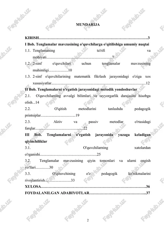 a. bu yoshdagi o'quvchilar o'zlarining mantiqiy tafakkurini rivojlantirish, tenglamalarni tushunish va yechish orqali nafaqat matematik ko'nikmalarni, balki umumiy ta'lim va turmushdagi muammolarni hal qilish qobiliyatini ham o'zlashtiradilar. tenglamalar mavzusini o'qitishda o'qituvchining metodik yondoshuvi, o'quvchilarning yoshiga mos usullarni tanlash, ularni aktiv o'quv jarayoniga jalb qilish juda muhim. 2-sinf o'quvchilari uchun tenglama tushunchasi nisbatan yangi bo'lib, ular bu mavzuni o'zlashtirishda ko'plab pedagogik yondoshuvlar va metodlardan foydalanish zarur. mazkur kurs ishida tenglamalar mavzusini o'qitishning samarali metodikasi, o'quvchilarga bu mavzuni o'rgatishdagi usullar, texnikalar va vositalar ko'rib chiqiladi. shu bilan birga, o'quvchilarning motivatsiyasini oshirish, ularni faol o'quv jarayoniga jalb qilish, qiyinchiliklarni yengib o'tish va muvaffaqiyatga erishishda pedagogning o'rni tahlil qilinadi. kurs ishi o'quvchilarni tenglamalar mavzusiga qiziqtirish va ular uchun bu mavzuni yengil va qiziqarli qilishga yordam beruvchi metodik tavsiyalarni ishlab chiqishga qaratilgan. kurs ishining dolzarbligi: matematika fani o'quvchilarga mantiqiy fikrlashni rivojlantirish, analitik qobiliyatlarni oshirish va hayotdagi muammolarni yechishda asosiy vosita sifatida xizmat qiladi. 2-sinf o'quvchilari …