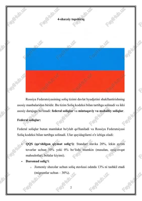 ari, dori vositalari). · 0%: eksport qilinadigan tovarlar va ayrim xizmatlar. jismoniy shaxslar daromad solig‘i (ndfl): (jismoniy shaxslardan olinadigan daromad solig'i - shaxsiy daromad solig'i) · asosiy stavka : 13%. · ros · yuqori daromadlar uchun stavka: 15%. · agar darom · rezident bo‘lmaganlar uchun stavka: 30%. · mamlakatda doimiy yashamayotgan xorijiy fuqarolar uchun. · dividendlardan soliq: 1 foyda solig‘i: (korxona daromad solig'i) korxon · umumiy stavka: 20%. · shundan 3% federal byudjetga, 17% mintaqaviy byudjetga o‘tkaziladi. · foyda solig‘i korxonalarning daromadlari va xarajatlari o‘rtasidagi farqga asoslanib hisoblanadi. (aksiz solig'i) akssiz solig · asosiy tovarlar: · tamaki mahsulotlari, alkogolli ichimliklar. · yonilg‘i (benzin, dizel yoqilg‘isi). · avtomatik tabiiy resurslardan foydalanish uchun soliq (mineral qazib olish solig'i - met) bu soliq tabiiy · turi: neft, gaz, ko‘mir, metallar, tuz va boshqa qazilmalar. · soliq stavkasi qazib olinadigan resurs turi va hajmiga bog‘liq. suv resurslari uchun yig‘imlar (suv solig'i) suv · suv …