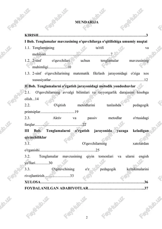 mantiqiy tafakkurini rivojlantirish, tenglamalarni tushunish va yechish orqali nafaqat matematik ko'nikmalarni, balki umumiy ta'lim va turmushdagi muammolarni hal qilish qobiliyatini ham o'zlashtiradilar. tenglamalar mavzusini o'qitishda o'qituvchining metodik yondoshuvi, o'quvchilarning yoshiga mos usullarni tanlash, ularni aktiv o'quv jarayoniga jalb qilish juda muhim. 2-sinf o'quvchilari uchun tenglama tushunchasi nisbatan yangi bo'lib, ular bu mavzuni o'zlashtirishda ko'plab pedagogik yondoshuvlar va metodlardan foydalanish zarur. mazkur kurs ishida tenglamalar mavzusini o'qitishning samarali metodikasi, o'quvchilarga bu mavzuni o'rgatishdagi usullar, texnikalar va vositalar ko'rib chiqiladi. shu bilan birga, o'quvchilarning motivatsiyasini oshirish, ularni faol o'quv jarayoniga jalb qilish, qiyinchiliklarni yengib o'tish va muvaffaqiyatga erishishda pedagogning o'rni tahlil qilinadi. kurs ishi o'quvchilarni tenglamalar mavzusiga qiziqtirish va ular uchun bu mavzuni yengil va qiziqarli qilishga yordam beruvchi metodik tavsiyalarni ishlab chiqishga qaratilgan. kurs ishining dolzarbligi: matematika fani o'quvchilarga mantiqiy fikrlashni rivojlantirish, analitik qobiliyatlarni oshirish va hayotdagi muammolarni yechishda asosiy vosita sifatida xizmat qiladi. 2-sinf o'quvchilari uchun tenglamalar mavzusi ayniqsa muhim, …
