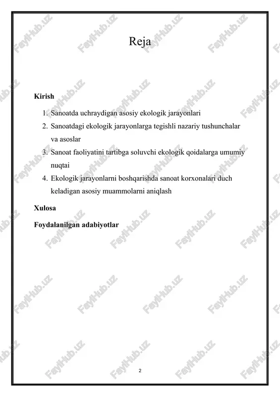 rni tushunishga, balki mavjud paradigmalarni tanqidiy baholashga va sanoat rivojlanishini ekologik yaxlitlik bilan uyg'unlashtiradigan innovatsion echimlarni taklif qilishga intilamiz. atrof-muhit barqarorligi endi tanlov emas, balki zarurat bo'lib qolgan davrda, sanoat manfaatdor tomonlari va tadqiqotchilarga ma'lumot berishga tayyor bo'lib, sanoat taraqqiyoti atrof-muhitni muhofaza qilish bilan uyg'un holda mavjud bo'lgan kelajak sari sa'y-harakatlarni yo'naltiradi. sanoatdagi ekologik jarayonlarning murakkab gobelenlarini kezib, ertangi kunga yanada barqaror va bardoshli bo'lishga intiluvchi ushbu sayohatda bizga qo'shiling. 1. sanoatda uchraydigan asosiy ekologik jarayonlari sanoatda bir nechta asosiy ekologik jarayonlar atrof-muhitga ta'sir va barqarorlikni shakllantirishda hal qiluvchi rol o'ynaydi. bu jarayonlar turli sektorlardagi operatsiyalar uchun asos bo'lib, atrof-muhitni boshqarish va tartibga solishning asosiy markazlari hisoblanadi. sanoatda keng tarqalgan asosiy ekologik jarayonlardan ba'zilari: chiqindilarni ishlab chiqarish va boshqarish: chiqindilarni ishlab chiqarish: sanoat korxonalari ishlab chiqarish jarayonlari, qadoqlash va mahsulotni utilizatsiya qilishning yon mahsuloti sifatida qattiq, suyuq va gazsimon chiqindilarni o'z ichiga olgan turli xil chiqindilarni ishlab chiqaradi. chiqindilarni boshqarish: …