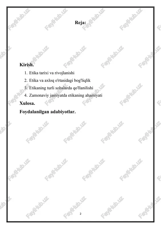 o‘nalishni qamrab oladi: 1. nazariy etika – bu axloqiy me’yorlar va tamoyillarni o‘rganish va tahlil qilishni maqsad qiladi. bu yo‘nalish axloqiy me’yorlar qanday shakllanadi va nima uchun ularga amal qilish kerakligini tushuntirishga urinadi. 2. amaliy etika – bu axloqiy tamoyillarni kundalik hayotda va turli kasbiy sohalarda qo‘llash masalalari bilan shug‘ullanadi. masalan, tibbiyot etikasi, biznes etikasi, ekologik etika kabi sohalarda axloqiy muammolarni hal qilish yo‘llarini ko‘rib chiqadi. etika jamiyat hayotining turli jabhalarida muhim o‘rin tutadi. misol uchun, insonlarning bir-biriga bo‘lgan munosabatida odob-axloq qoidalariga amal qilish jamiyatda muvozanat va tinchlikni saqlashga yordam beradi. etikaning mazmuni shaxsiy qadriyatlar, inson huquqlari, ijtimoiy adolat va ma’suliyat, adolat va hurmat tamoyillari bilan chambarchas bog‘liqdir. etika, shuningdek, insoniy munosabatlarni boshqarish, halollik, burch va javobgarlik kabi tushunchalarni ham o‘z ichiga oladi. inson o‘z hayotida qabul qiladigan qarorlar va qiladigan harakatlar axloqiy baholashdan o‘tishi zarur, bu esa uning jamiyatdagi roli va qadr-qimmatini belgilab beradi. etika me’yorlariga amal qilinishi ijtimoiy …