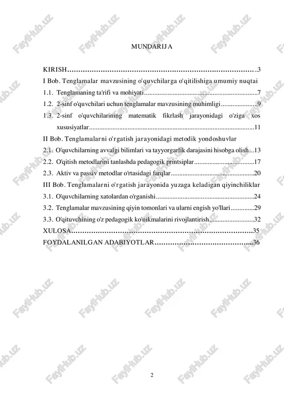 'zlarining mantiqiy tafakkurini rivojlantirish, tenglamalarni tushunish va yechish orqali nafaqat matematik ko'nikmalarni, balki umumiy ta'lim va turmushdagi muammolarni hal qilish qobiliyatini ham o'zlashtiradilar. tenglamalar mavzusini o'qitishda o'qituvchining metodik yondoshuvi, o'quvchilarning yoshiga mos usullarni tanlash, ularni aktiv o'quv jarayoniga jalb qilish juda muhim. 2-sinf o'quvchilari uchun tenglama tushunchasi nisbatan yangi bo'lib, ular bu mavzuni o'zlashtirishda ko'plab pedagogik yondoshuvlar va metodlardan foydalanish zarur. mazkur kurs ishida tenglamalar mavzusini o'qitishning samarali metodikasi, o'quvchilarga bu mavzuni o'rgatishdagi usullar, texnikalar va vositalar ko'rib chiqiladi. shu bilan birga, o'quvchilarning motivatsiyasini oshirish, ularni faol o'quv jarayoniga jalb qilish, qiyinchiliklarni yengib o'tish va muvaffaqiyatga erishishda pedagogning o'rni tahlil qilinadi. kurs ishi o'quvchilarni tenglamalar mavzusiga qiziqtirish va ular uchun bu mavzuni yengil va qiziqarli qilishga yordam beruvchi metodik tavsiyalarni ishlab chiqishga qaratilgan. kurs ishining dolzarbligi: matematika fani o'quvchilarga mantiqiy fikrlashni rivojlantirish, analitik qobiliyatlarni oshirish va hayotdagi muammolarni yechishda asosiy vosita sifatida xizmat qiladi. 2-sinf o'quvchilari uchun tenglamalar mavzusi ayniqsa …