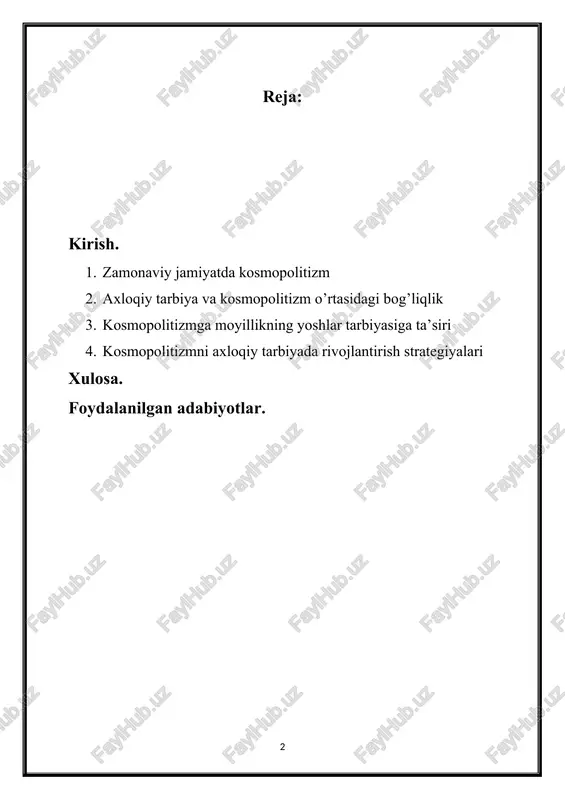 shi va turli vaziyatlarda to'g'ri axloqiy qarorlar qabul qilishga tayyorlashdir. axloqiy tarbiya nafaqat bilim berish, balki insonning ruhiy, hissiy va ijtimoiy jihatdan rivojlanishiga ham qaratilgan. axloqiy tarbiyaning asosiy elementlari: 1. qadriyatlarni shakllantirish: insonni axloqiy qadriyatlar, masalan, halollik, adolat, hurmat, yordam berish kabi tushunchalar bilan tanishtirish. 2. axloqiy qaror qabul qilish: o'z-o'zini anglash va muammolarni axloqiy nuqtai nazardan hal etish qobiliyatini rivojlantirish. 3. samarali muloqot: o'z fikrini bildirish, boshqalarni tinglash va o'zaro hurmat asosida muloqot qilish ko'nikmalarini o'rgatish. 4. empatiya va tushunish: boshqalarning his-tuyg'ularini anglash va ularga yordam berishga tayyor bo'lishni rivojlantirish. zamonaviy jamiyatdagi ahamiyati: zamonaviy jamiyatda axloqiy tarbiyaning ahamiyati juda yuqori. bu quyidagi sabablarga ko'ra: 1. ijtimoiy barqarorlik: axloqiy tarbiya yordamida insonlar o'rtasida o'zaro hurmat va tushunish o'rnatiladi, bu esa jamiyatda ijtimoiy barqarorlikni ta'minlaydi. 2. xavfsizlik: axloqiy tarbiya odamlarni huquqbuzarliklardan va jinoyatchilikdan himoya qiladi. axloqiy qadriyatlarni o'zlashtirgan shaxslar ko'proq mas'uliyatli va adolatli bo'lishadi. 3. yoshlar tarbiyasi: zamonaviy jamiyatda yoshlar axloqiy …