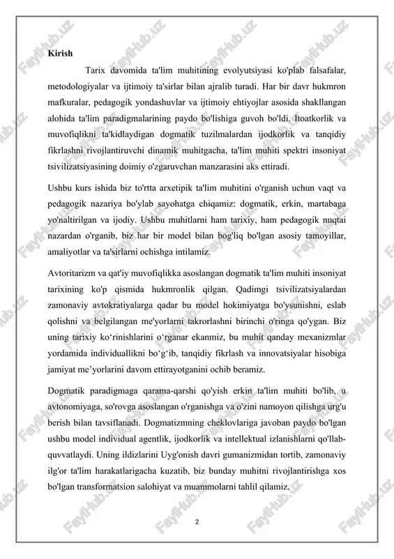 ash va innovatsiyalar hisobiga jamiyat me’yorlarini davom ettirayotganini ochib beramiz. dogmatik paradigmaga qarama-qarshi qo'yish erkin ta'lim muhiti bo'lib, u avtonomiyaga, so'rovga asoslangan o'rganishga va o'zini namoyon qilishga urg'u berish bilan tavsiflanadi. dogmatizmning cheklovlariga javoban paydo bo'lgan ushbu model individual agentlik, ijodkorlik va intellektual izlanishlarni qo'llab-quvvatlaydi. uning ildizlarini uyg'onish davri gumanizmidan tortib, zamonaviy ilg'or ta'lim harakatlarigacha kuzatib, biz bunday muhitni rivojlantirishga xos bo'lgan transformatsion salohiyat va muammolarni tahlil qilamiz. bundan tashqari, kasbga yo'naltirilgan ta'lim muhiti sanoatlashtirish va globallashuv sharoitida yuzaga keladi, bu erda ta'lim ishchi kuchini tayyorlash va iqtisodiy imperativlar bilan tobora o'zaro bog'liq bo'ladi. ushbu model ko'nikmalarni egallash, kasbiy ta'lim va bozor talablari bilan moslashishga ustuvor ahamiyat beradi. uning tarixiy ajdodlari va zamonaviy ko'rinishlarini o'rganish orqali biz ushbu pragmatik yondashuvning individual qondirish, ijtimoiy ehtiyojlar va iqtisodiy rivojlanishga ta'sirini baholaymiz. va nihoyat, biz ijodiy ta'lim muhitini o'rganamiz, u innovatsiyalarni rag'batlantirish, muammolarni hal qilish va fanlararo izlanishlar bilan ajralib turadi. konstruktivizm va …