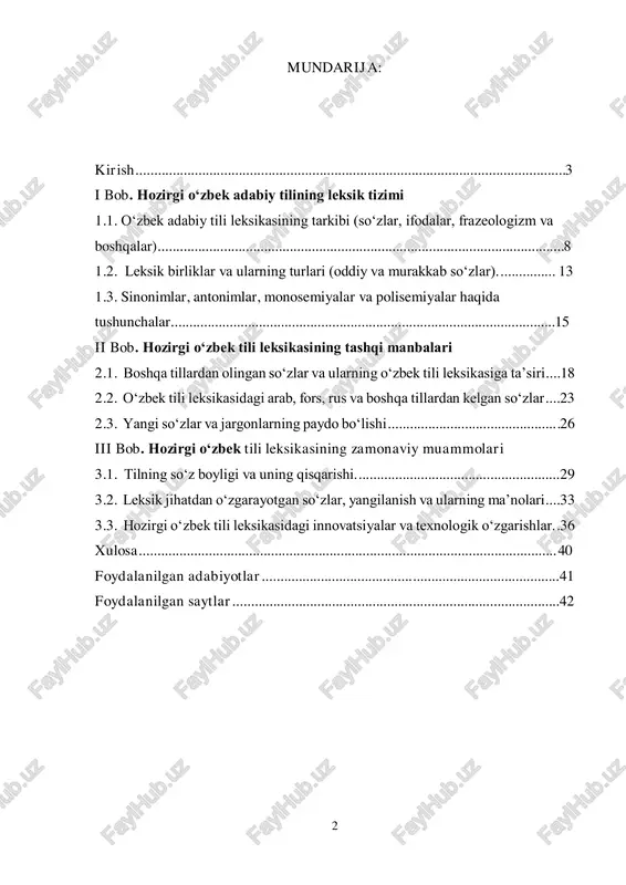 lgan saytlar.........................................................................................42 3 kirish o‘zbek tili – bu qadimiy tarixga ega bo‘lgan va boy madaniyatni o‘zida aks ettiruvchi milliy til. o‘zbek adabiy tili, uning strukturasi va rivojlanish jarayoni ko‘p asrlik tarixga asoslangan va shu davr davomida ko‘plab o‘zgarishlarga uchragan. o‘zbek adabiy tili, ayniqsa, xx asrning ikkinchi yarmida va xxi asr boshida tezkor rivojlanish va yangilanish jarayonlarini boshidan kechirdi. ushbu rivojlanishning asosiy omili sifatida tilshunoslar tomonidan yangi so‘zlar, ifodalar va atamalarni qo‘llash, shuningdek, xalqaro aloqalar va texnologik inqilobning ta’siri qayd etiladi. o‘zbekiston respublikasi prezidentining 2023-yil 30-martdagi "o‘zbek tilini rivojlantirish va so‘z boyligini yanada kengaytirish chora-tadbirlari to‘g‘risida"gi farmoni. ushbu farmon o‘zbek tilining rivojlanishi va uning leksik boyligini kengaytirish masalalarini yanada chuqurlashtiradi. o‘zbek tilida yangi so‘zlar va atamalar yaratish, mavjud leksik birikmalarni yangilash va ularni madaniy, iqtisodiy va ilmiy sohalarda qo‘llashning samaradorligini oshirishga qaratilgan tadbirlar belgilangan. bu, shuningdek, o‘zbek tilining global kommunikatsiyadagi o‘rnini yanada mustahkamlashga xizmat qiladi. o‘zbekiston respublikasi prezidentining 2023-yil 10-apreldagi "yoshlar …