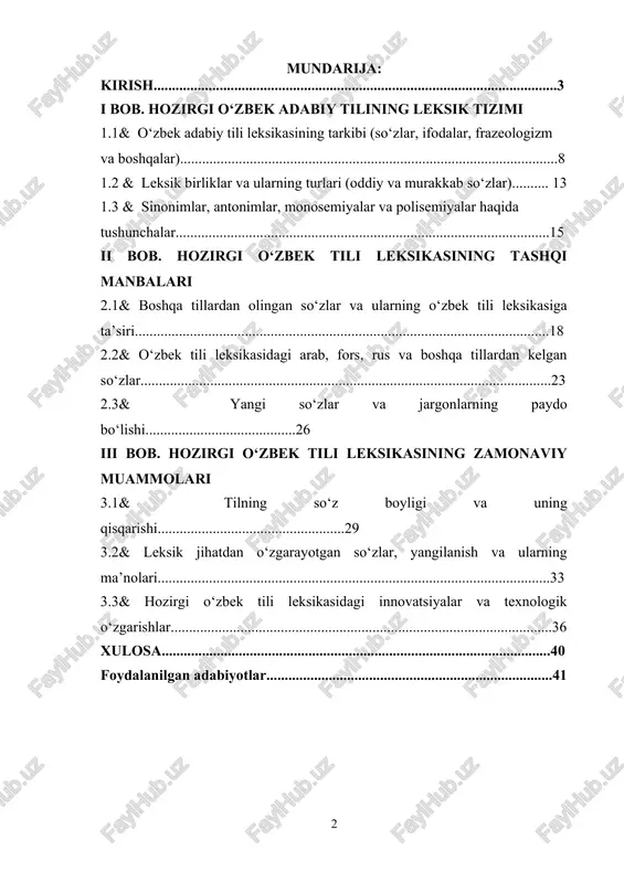ovatsiyalar va texnologik o‘zgarishlar........................................................................................................36 xulosa..........................................................................................................40 foydalanilgan adabiyotlar..............................................................................41 kirish o‘zbek tili – bu qadimiy tarixga ega bo‘lgan va boy madaniyatni o‘zida aks ettiruvchi milliy til. o‘zbek adabiy tili, uning strukturasi va rivojlanish jarayoni ko‘p asrlik tarixga asoslangan va shu davr davomida ko‘plab o‘zgarishlarga uchragan. o‘zbek adabiy tili, ayniqsa, xx asrning ikkinchi yarmida va xxi asr boshida tezkor rivojlanish va yangilanish jarayonlarini boshidan kechirdi. ushbu rivojlanishning asosiy omili sifatida tilshunoslar tomonidan yangi so‘zlar, ifodalar va atamalarni qo‘llash, shuningdek, xalqaro aloqalar va texnologik inqilobning ta’siri qayd etiladi. o‘zbekiston respublikasi prezidentining 2023-yil 30-martdagi "o‘zbek tilini rivojlantirish va so‘z boyligini yanada kengaytirish chora-tadbirlari to‘g‘risida"gi farmoni. ushbu farmon o‘zbek tilining rivojlanishi va uning leksik boyligini kengaytirish masalalarini yanada chuqurlashtiradi. o‘zbek tilida yangi so‘zlar va atamalar yaratish, mavjud leksik birikmalarni yangilash va ularni madaniy, iqtisodiy va ilmiy sohalarda qo‘llashning samaradorligini oshirishga qaratilgan tadbirlar belgilangan. bu, shuningdek, o‘zbek tilining global kommunikatsiyadagi o‘rnini yanada mustahkamlashga xizmat qiladi. o‘zbekiston respublikasi …