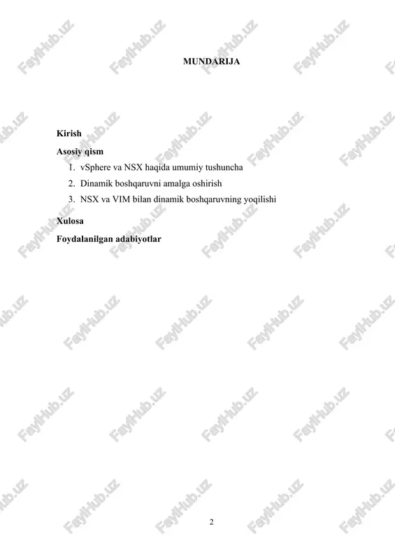 resurslarini boshqarish va ularni samarali ishlatish imkonini beradi. vsphere yordamida serverlar, saqlash resurslari va tarmoqni virtualizatsiya qilish mumkin, bu esa tashkilotlarga infrastrukturani yanada moslashuvchan va samarali boshqarish imkonini yaratadi. vim — bu virtual infratuzilmani boshqarish va optimallashtirish uchun ishlatiladigan platforma bo‘lib, u yordamida turli xil tizimlar va resurslar birlashtiriladi va markazlashtirilgan boshqaruv tizimiga o‘tkaziladi. vim tizimi orqali resurslarni avtomatik ravishda boshqarish, monitoring qilish va optimallashtirish jarayonlari soddalashadi. nsx tizimi esa tarmoqni virtualizatsiya qilish va xavfsizlikni ta'minlashda muhim ahamiyatga ega. nsx yordamida tarmoqni fizik jihatdan ajratmasdan, virtual muhitda boshqarish va tarmoq xavfsizligini ta'minlash mumkin. nsx, xususan, virtual tarmoq arxitekturalarini yaratish, xavfsizlikni ta'minlash va tarmoq resurslarini avtomatik boshqarish imkonini beradi. dinamik boshqaruvni amalga oshirish: dinamik boshqaruv, tizim resurslarini real vaqt rejimida boshqarish va optimallashtirish imkonini beruvchi tizimdir. vmware vsphere, vim va nsx tizimlarining integratsiyasi dinamik boshqaruvni amalga oshirishga xizmat qiladi. bu boshqaruv modeli yordamida resurslar va tarmoq holati doimiy ravishda monitoring qilinadi …
