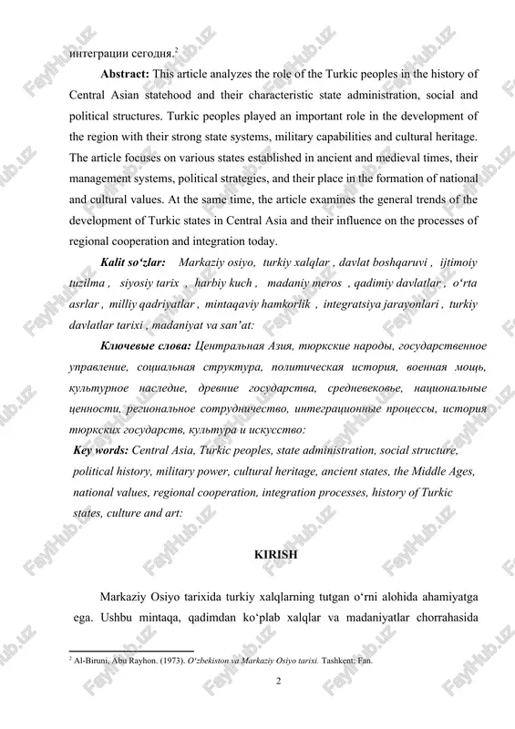 oples in the history of central asian statehood and their characteristic state administration, social and political structures. turkic peoples played an important role in the development of the region with their strong state systems, military capabilities and cultural heritage. the article focuses on various states established in ancient and medieval times, their management systems, political strategies, and their place in the formation of national and cultural values. at the same time, the article examines the general trends of the development of turkic states in central asia and their influence on the processes of regional cooperation and integration today. kalit so‘zlar: markaziy osiyo, turkiy xalqlar , davlat boshqaruvi , ijtimoiy tuzilma , siyosiy tarix , harbiy kuch , madaniy meros , qadimiy davlatlar , oʻrta asrlar , milliy qadriyatlar , mintaqaviy hamkorlik , integratsiya jarayonlari , turkiy davlatlar tarixi , madaniyat va sanʼat: klyuchevie slova: tsentralnaya aziya, tyurkskie narodi, gosudarstvennoe upravlenie, …