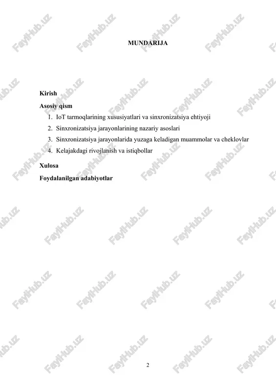 rmoqlarida sinxronizatsiya jarayonlarini boshqarishning ahamiyatini, mavjud yondashuvlarni, texnologiyalarni va muammolarni tahlil qilishdan iborat bo‘ladi. ishda iot tarmoqlarida sinxronizatsiya jarayonlarining boshqarilishi, ularga ta'sir qiluvchi omillar, sinxronizatsiya usullari, shuningdek, kelajakda bu jarayonlarni boshqarish texnologiyalarining istiqbollari ko‘rib chiqiladi. internet of things (iot) – ya'ni, "narsalar interneti" – hozirgi kunda texnologiyalarni yangi darajaga olib chiqqan va turli sohalarda katta o‘zgarishlarga sabab bo‘lgan muhim tushuncha hisoblanadi. iot qurilmalari turli tizimlar orqali bir-biri bilan ulanishi va o‘zaro ma'lumot almashish orqali samarali ishlaydi. bu tizimlar nafaqat uy sharoitida, balki sanoat, tibbiyot, transport va boshqa ko‘plab sohalarda ham keng qo‘llanilmoqda. iot tarmoqlari qurilmalari o‘rtasida ma'lumotlar uzatish, qayta ishlash va real vaqtda boshqarish imkonini beradi, bu esa o‘z navbatida ko‘plab yangi imkoniyatlar yaratadi. biroq, iot tizimlarining samarali ishlashi uchun tarmoqda sinxronizatsiya jarayonlarini boshqarish juda muhim ahamiyatga ega. sinxronizatsiya jarayonlari – bu iot qurilmalari o‘rtasidagi vaqt, ma'lumot almashinuvi va resurslar boshqaruvi o‘rtasida muvofiqlikni ta'minlashga qaratilgan jarayonlardir. tarmoqdagi qurilmalar o‘rtasida sinxronizatsiyaning …