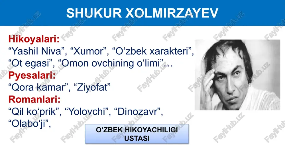 ish mahoratiga qoyil qolish kerak ijodiy meros hikoyalari: “yashil niva”, “xumor”, “o‘zbek xarakteri”, “cho‘loq turna”, “kimsasiz hovli”… pyesalari: “qora kamar”, “ziyofat”. romanlari: “qil ko‘prik”, “yolovchi”, “dinozavr”, “olabo‘ji”. o‘zbek hikoyachiligi ustasi “ot egasi” inodning uchta boyligi bor edi: soy bo‘yidagi serdaraxt qishlog‘i ikki xonali maktab qorabayir oti falokat uzoq yili inodning bor-yo‘q ikki farzandi beda solingan bostirmaga tuynukdan kirib, gugurt o‘ynaydi, bedaga o‘t ketadi. ularning qiy-chuvini eshitgan onalari borib, eshikni ochmoqchi bo‘ladi, biroq eshik qulf, u ham jonsarak holat­da tuynukdan o‘zini ichkariga tashlaydi. maktab maktab ikki xonadan iborat bo‘lib, biri dahliz, biri sinf­xona. ana shu sinfda yetti yashar bolakay ham, o‘n ikki yashar yigitcha ham yonma-yon o‘tirib o‘qishadi, ularning har biri har xil sinf o‘quvchisi bo‘lgani holda, bir sinfda o‘tirib saboq olishlari bir-biriga xalaqit bermaydi. inod odamovi og‘irkarvon xo‘mraygan inod bo‘sh soatlarda va mehnat darslarida qorabayir otini maktab qoshidagi may­donga keltirib, o‘quvchilarga arg‘umoqda yurishni ham o‘rgatadi, miltiq otishni ham ko‘rsatadi, goho …