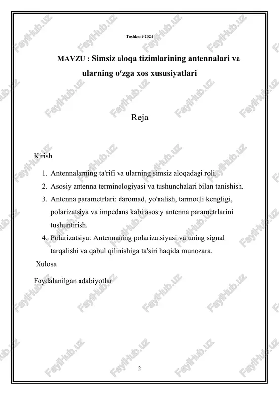 ib xizmat qiladi. antennalarsiz, biz kundalik hayotimizda tayanib kelgan uzluksiz ulanish mumkin bo'lmaydi. 2. antenna xususiyatlarining umumiy ko'rinishi: antennalar simsiz aloqa tizimlarida ishlashi va samaradorligini belgilaydigan keng ko'lamli xususiyatlarni namoyish etadi. bu xususiyatlarga daromad, yo'nalish, tarmoqli kengligi, polarizatsiya va empedans kiradi. ushbu xususiyatlarni tushunish antennaning ishlashini optimallashtirish, signal kuchini maksimal darajada oshirish va ishonchli aloqani ta'minlash uchun juda muhimdir. 3. antennani loyihalash va optimallashtirishning roli: antennani loyihalash va optimallashtirish samarali simsiz aloqa tizimlarini rivojlantirishning muhim jihatlaridir. muhandislar kerakli ishlash ko'rsatkichlariga erishish uchun antenna o'lchami, shakli, materiallari va atrof-muhit sharoitlari kabi omillarni hisobga olishlari kerak. simulyatsiya vositalari, modellashtirish texnikasi va eksperimental sinov kabi antennaning ishlashini optimallashtirish texnikasi signalning maqbul uzatilishi va qabul qilinishini ta'minlashda muhim rol o'ynaydi. antenna texnologiyasi simsiz aloqa tizimlarining ortib borayotgan talablarini qondirish uchun doimiy ravishda rivojlanmoqda. rivojlanayotgan tendentsiyalar orasida metamaterial antennalar, qayta konfiguratsiya qilinadigan antennalar va ixcham o'lcham, keng tarmoqli kengligi va yuqori ishlashni taklif qiluvchi millimetrli …