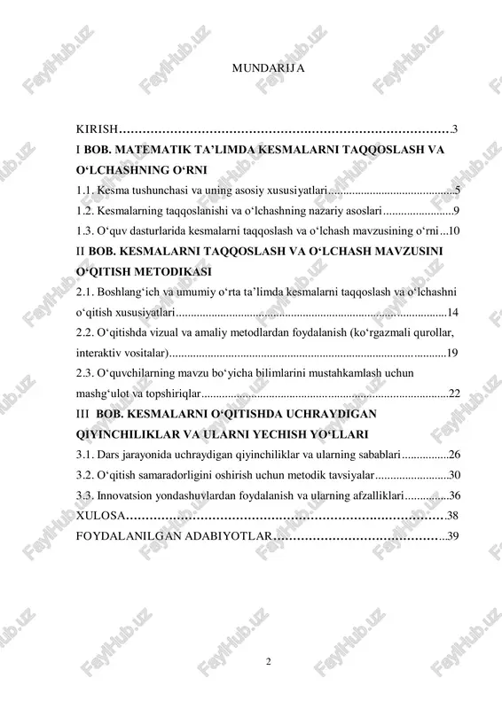 uvchilarga to‘g‘ri va samarali yetkazish muhim ahamiyatga ega. geometriyaning eng muhim elementlaridan biri bo‘lgan kesmalarni taqqoslash va o‘lchash mavzusi o‘quvchilarning fazoviy tafakkurini rivojlantirishga, aniq fikrlashni shakllantirishga va amaliy bilimlarni egallashiga yordam beradi. mamlakatimizda ta’lim sifatini oshirish, o‘quvchilarning matematik savodxonligini rivojlantirish va zamonaviy pedagogik texnologiyalarni ta’lim jarayoniga keng joriy etish masalalariga katta e’tibor qaratilmoqda. o‘zbekiston respublikasi prezidentining 2019-yil 8-oktabrdagi **"o‘zbekiston respublikasida matematika ta’limi va fanlarini rivojlantirish chora-tadbirlari to‘g‘risida"**gi pq-4471-sonli qarori matematik ta’limni rivojlantirish yo‘nalishida muhim ahamiyat kasb etadi. ushbu qarorda maktab ta’limida matematikani chuqur o‘qitish, o‘quvchilarning mantiqiy va fazoviy tafakkurini shakllantirish, pedagog kadrlar malakasini oshirish hamda darsliklarni zamonaviy talablarga moslashtirish kabi masalalar belgilab berilgan.1 bundan tashqari, prezidentning 2020-yil 6-noyabrdagi **"fan-ta’lim tizimini rivojlantirish bo‘yicha qo‘shimcha chora-tadbirlar to‘g‘risida"**gi pq-4884-sonli qarori ham o‘qitish jarayoniga ilg‘or texnologiyalarni joriy etish, ta’lim sifatini oshirish va o‘quv dasturlarini takomillashtirishga qaratilgan. mazkur hujjatlar doirasida matematika ta’limini rivojlantirish, ayniqsa, geometriya va fazoviy tafakkurni shakllantirish bo‘yicha qator chora-tadbirlar amalga oshirilmoqda. ushbu …