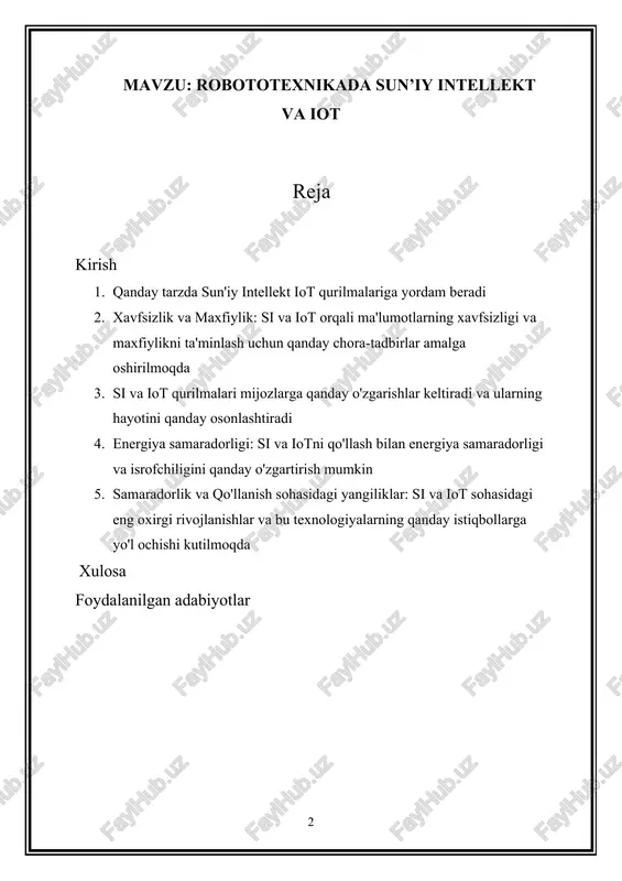 ar tarmog'idir. bu qurilmalar, ma'lumot almashish, almashinuv va menejment jarayonlarida bir-biriga bog'liq va internet orqali boshqariladigan asboblar sifatida xizmat qiladi. si va iotning integratsiyasi jadid texnologiyalarning kelajagi uchun katta muhimlikka ega. bu integratsiya, ma'lumotlarning kuchli tahlili va boshqarilishi, qurilmalar va asboblar o'rtasidagi hamkorlikni yanada yanada yaxshilaydi. bu aloqa, eng yaxshi mijoz xizmatlarini taqdim etish, energiya samaradorligini oshirish va hokazo kabi bir nechta sohalar uchun potentsial imkoniyatlarni ochadi. bu integratsiya bilan si, qurilmalar orasidagi ma'lumot almashuvini, sohasi, energiya iste'moli, xavfsizlikni oshirish va hokazo kabi ko'plab ko'rsatkichlarni yanada rivojlantirishga erishadi. bu yengil, ammo quvvatli, eng texnologik rivojlanishlardan biri bo'lib, muhim texnologik iqtisodiyotni va jamiyatimizning o'zgargan xizmatlari va talablari bilan moslashadi." 1. qanday tarzda sun'iy intellekt iot qurilmalariga yordam beradi sun'iy intellekt (si) iot (internet of things) qurilmalariga quyidagi ko'rinishlarda yordam beradi: · ma'lumotlar analizi: si, iot asboblaridan olingan katta miqdordagi ma'lumotlarni tahlil qilishda yordam beradi. bu ma'lumotlar, sensorlar, qurilmalar va iot vositalari …