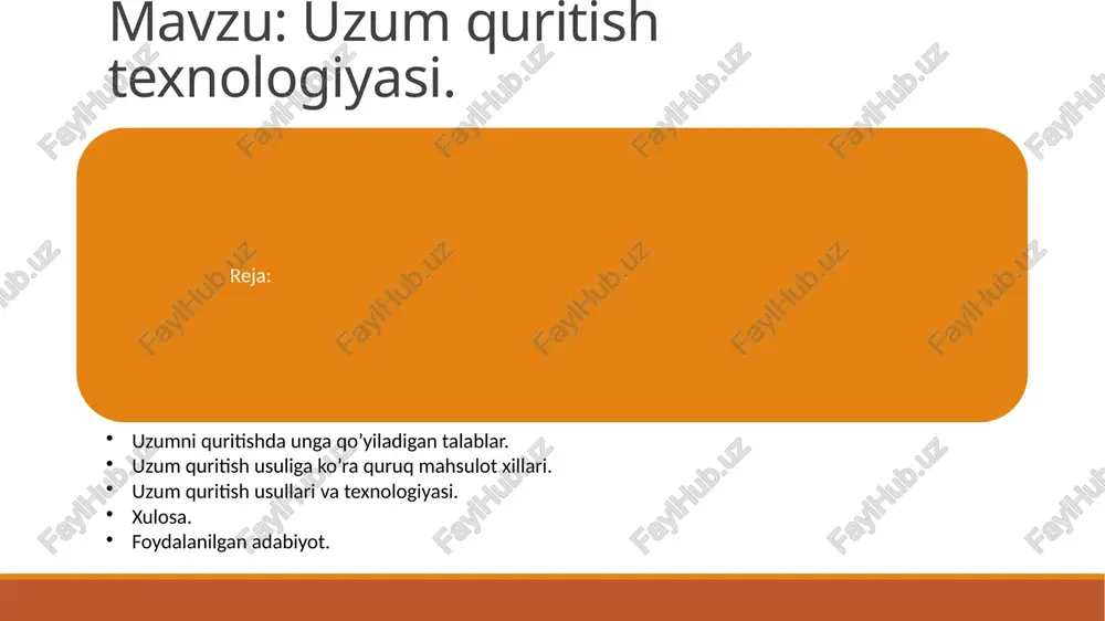 tingugurt angidridi ishlatilmay, oftobda oq kishmishdan quritilgan mayiz; - sabza – qaynoq ishqor eritmasiga botirib olib, oftobda quritilgan mayiz; - zarsimon sabza – avvalo ishqor eritmasiga botirib olib va oltingugurt angidridi bilan dudlab, so‘ngra shtabelda quritilgan oq kishmish; - soyaki – maxsus xonalarda oq kishmishdan soyaki qilib quritiladi. bunda ishqorga botirilmaydi, oltingugurt bilan dudlanmaydi; - shig‘oniy – qora kishmishdan quritilgan mayiz; - girmiyon – kattaqo‘rg‘on, sultoni, nimrang kabi yirik g‘ujumli uzum navlaridan tayyorlanadi. quritishdan avval uzum qaynoq ishqorga botirib olinadi, keyin ochiq joyga yoyib qo‘yiladi; - shtabelgirmiyon – kattaqo‘rg‘on, sultoni, nimrang kabi navlardan oltingugurt bilan dudlab tayyorlanadi, keyin shtabellarga taxlab quritiladi; - qora vassarga – qora uzum navlaridan dorilanmay oftobda quritiladi; - chillaki – chillaki va terbosh nav uzumlaridan dorilanmay oftobda quritiladi; - avlon – har xil nav uzumlardan dorilanmay faqat oftobda quritib olingan mayiz. uzumni quritish usullari. respublikada mayiz quritish bo‘yicha samarqand viloyati 1-o‘rinni egallaydi. viloyatda yiliga 7-10 ming …