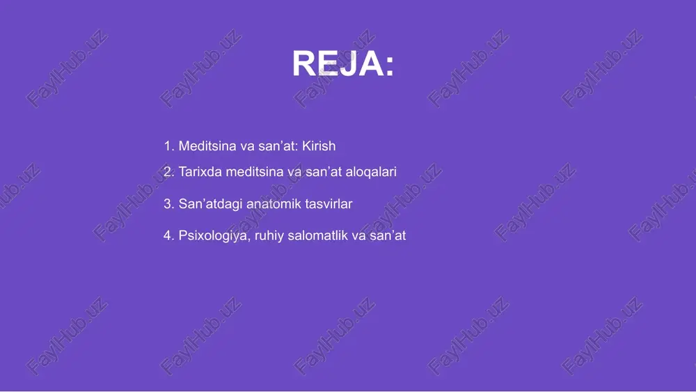 uchun. meditsina hamda san’at birgalikda ishlatilganda, bemorlar ruhiy jihatdan yengillik sezadi. shuning bilan davolash jarayoni samarali bo‘lishiga yordam beradi. psixologiya, ruhiy salomatlik va san’at 01 san'at, inson ruhiyatiga ta'sir etuvchi kuchli vositadir. tibbiyotda art-terapiya bu holatni yaxshilash uchun keng qo'llaniladi va samarali bo'ladi. 02 rasm chizish, ranglar bilan ishlash orqali bemorlar o'z his-tuyg'ularini ifoda etib, stress va bezovtalik holatlaridan xalos bo'lishadi. 03 art-terapiya usullari ruhiy salomatlikni mustahkamlab, bemorlarning ichki tinchliklariga erishishlariga yordam beradi. bu zamonaviy yondashuv terapevtik qiymatga egadir. tibbiyotda art-terapiya amaliyoti san’at va meditsina o‘rtasidagi bog‘liqlik ruhiy va jismoniy salomatlikni yaxshilashda muhim o‘rin tutadi, bu orqali sog‘lom turmush targ‘ib qilinadi. rassomlik, musiqa va teatr san’ati inson ruhiyatiga ijobiy ta’sir ko‘rsatib, davolash davomida bemorlarning motivatsiyasi va ijobiy kayfiyatini oshiradi. san’at orqali sog‘liqni saqlash targ‘iboti san’at tadbirlari orqali aholiga salomatlik haqida axborot berish, kasalliklarning oldini olish va sog‘lom hayot tarzini targ‘ib qilish imkoniyati yaratiladi. 01 meditsina va san’at o'rtasidagi aloqadorlik tarix …