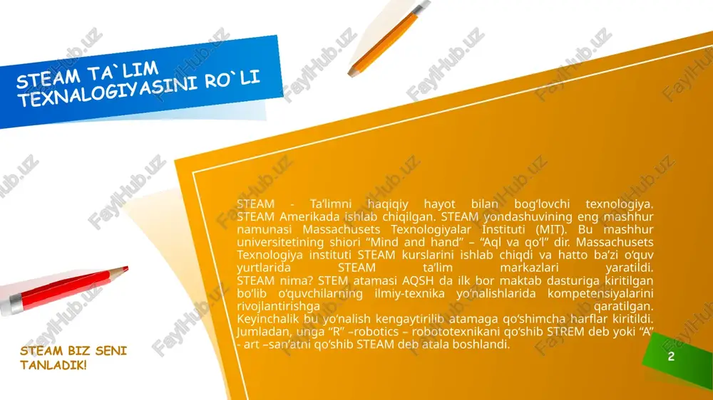tishga yo‘naltirish kabi vazifalarni qo‘yadi. ta’limda steam yondashuv ta`limda steam yondashuv nima ? 9 steam dasturlari 7-14 yoshdagi o‘quvchilarning muttasil ravishda o‘tkaziladigan mashg‘ulotlarga qiziqishlarini orttiradi. masalan, fizika darslarida yerning tortish kuchi o‘rganilganda , doskada formulalarni yozib tushuntirilsa, steam to‘garaklarida raketalar, samolyotlar, parashyutlar qurib, ishga tushirib o‘z bilimlarini mustahkamlaydilar. o‘quvchilar o‘zlari ko‘rmagan yoki eshitmagan atamalarni har doim ham tez anglab etmaydilar. masalan, temperatura ortishi bilan bosimning yoki hajmning ortishi. steam dasturi beshikdan to qabirgacha ilim izla {xalq maqoli} e`tiboringiz uchun rahmat 10077488565490 10 image1.png image2.png image3.png image5.jpg image6.jfif image7.jpeg image8.jpg image9.jpg image10.jfif image11.jpg image12.jpeg image13.jpg image14.jfif image15.png image16.jpg