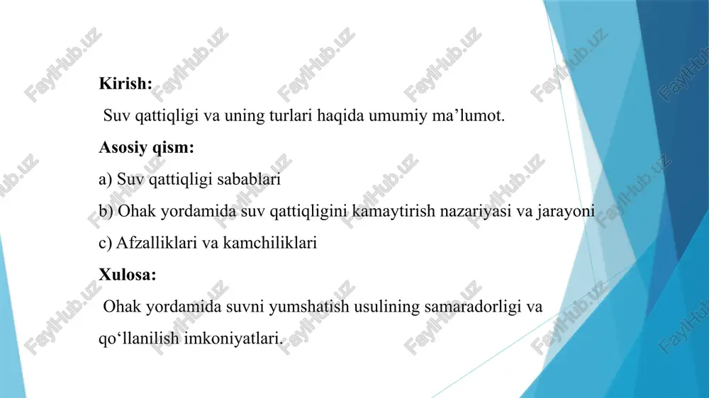 gips (caso₄), va magniy sulfat (mgso₄) kabi minerallar suvning qattiqligiga sabab bo‘ladi. shu tarzda, tog‘ jinslarining tarkibi va tuzlarning erish darajasi suvning qattiqligini belgilaydi. 2. bikarbonat tuzlari: karbonatli qattiqlik suvda erigan kaltsiy va magniy bikarbonatlaridan (ca(hco₃)₂, mg(hco₃)₂) kelib chiqadi. bu tuzlar asosan suvning haroratini oshirish, kislorod bilan reaksiyaga kirishish yoki kislorod gazining erishishini kamaytirish natijasida hosil bo‘ladi. 3. iqlim sharoiti: suv qattiqligi iqlim sharoitiga ham bog‘liq. quruq iqlimda va kam yog‘ingarchilik bo‘lgan hududlarda yerosti suvlarida mineral moddalar yuqori konsentratsiyada bo‘lishi mumkin, natijada suv qattiq bo‘ladi. tufayli bu hududlarda suvning qattiqligini kamaytirish uchun maxsus usullar zarur bo‘ladi. 4. suvning oqish yo‘li: suvning yer yuzasida oqish yo‘li ham uning qattiqligiga ta’sir qiladi. suv uzun masofalarga o‘tganida ko‘plab minerallarni erishi mumkin. odatda, suv biror tog‘ jinsidan yoki qazilgan quduqlardan o‘tganida, bu mineral moddalar suvga o‘tadi va qattiqlikni oshiradi. 5. inson faoliyati: inson faoliyati, masalan, sanoat chiqindilari, kimyoviy moddalar va yig‘ilgan suv havzalari ham …