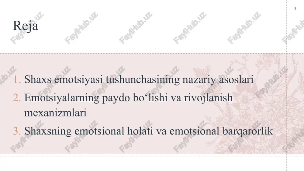 oniy o‘zgarishni sezadi, keyin bu holatni fikran izohlaydi va natijada aniq emotsiya (masalan, quvonch, g‘azab yoki hayrat) paydo bo‘ladi. kognitiv nazariyalar (a. ellis, r. lazarus) – bu yondashuvga ko‘ra, emotsiyalar voqeaning o‘zidan emas, balki insonning o‘sha voqeaga bergan bahosidan kelib chiqadi. ya’ni bir xil hodisa kimdadir g‘azab uyg‘otsa, boshqasida befarqlik yoki quvonch keltirishi mumkin. emotsiyalar fiziologik jihatdan ham muhim tizimlar bilan bog‘liq. ularning shakllanishida bosh miya po‘stlog‘i, gipotalamus, limbik tizim va ayniqsa amigdala muhim rol o‘ynaydi. aynan shu markazlar insonning sezgi organlaridan kelayotgan ma’lumotlarni tahlil qiladi va javoban mos emotsional reaksiyani shakllantiradi. neyropsixologik tadqiqotlar shuni ko‘rsatadiki, ushbu tuzilmalarning uyg‘un faoliyati shaxsning emotsional barqarorligini ta’minlaydi, ularning buzilishi esa stress, affekt yoki depressiv holatlarga olib kelishi mumkin. 6 7 7 emotsiyalar shaxsning biologik va ijtimoiy tabiati birligini ifodalaydi. biologik tomondan, ular organizmning hayotiy muvozanatini saqlashga yordam beradi. ijtimoiy tomondan esa, emotsiyalar insonning ijtimoiy muhitdagi xulqini boshqaradi, muloqot jarayonida his-tuyg‘ularni ifodalashga xizmat qiladi. …