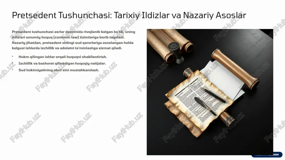 kmning asoslanishi sud o'z qarorini yuridik asoslar bilan batafsil izohlaydi (ratio decidendi). pretsedentning shakllanishi natijada, ushbu qaror kelajakdagi shunga o'xshash ishlar uchun yangi pretsedent yoki mavjud pretsedentni mustahkamlashi mumkin. 5 pretsedentning afzalliklari: barqarorlik, oldindan bilish va adolat adolat o'xshash holatlarda o'xshash natijalar beradi. barqarorlik huquq tizimiga mustahkamlik bag'ishlaydi. bashoratlilik shaxslar va tashkilotlar o'z xatti-harakatlarini qonunga muvofiq rejalashtirishlari mumkin. samaradorlik har bir ishni noldan boshlab ko'rib chiqish zaruratini kamaytiradi. rivojlanish huquqiy normalar jamiyat ehtiyojlariga moslashib boradi. 6 pretsedentning kamchiliklari: moslashuvchanlik yetishmovchiligi va xatolar qat'iylik: ba'zan eskirgan yoki noto'g'ri pretsedentlarni o'zgartirish qiyin bo'lishi mumkin. xatolar: noto'g'ri sud qarorlari uzoq vaqt davomida huquqqa ta'sir ko'rsatishi mumkin. moslashuvchanlik: yangi ijtimoiy va texnologik o'zgarishlarga tez moslashishda qiyinchiliklar. murakkablik: pretsedentlarni topish va talqin qilish ko'pincha murakkab jarayon. 7 o'zbekiston huquq tizimida pretsedent: milliy xususiyatlar va amaliyot o'zbekiston kontinental (roman-german) huquq oilasiga mansub bo'lib, unda qonun ustuvorligi tamoyili asosiy hisoblanadi. shunga qaramay, sud amaliyotining ahamiyati ortib bormoqda. …