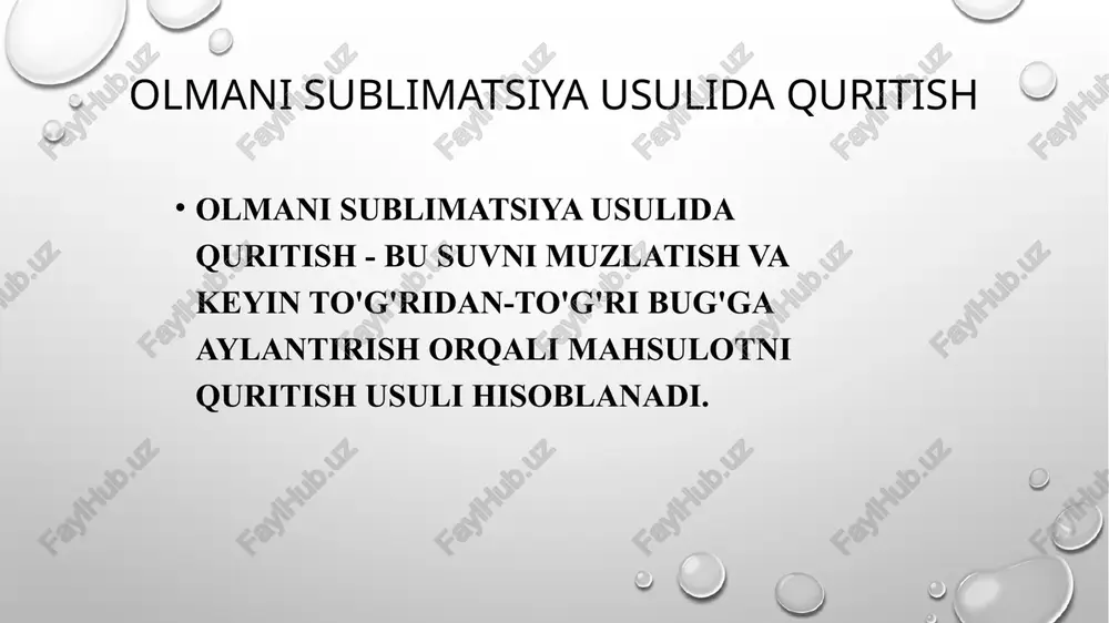 orga 8-15 mm qalinlikda yoyib beriladi. sublimatsiya jarayoni ketma ketligi muzlatish. olmalar 40 c gacha muzlatiladi. vakumlash. muzlatilgan olmalar vakum sharoitida joylashtiriladi. qizdirish. olmalar qizdiriladi,bu esa muzlatilgan suvni bug’ga aylanadi. kondensatsiya. suv bug’i kondensatsiya qilib,tashqariga chiqariladi. qadoqlash. quritilgan olmalar hermetik qadoqlanadi. xulosa sublimatsiya usuli yordamida quritilgan olma saqlanish muddati uzayadi ,ta’mi esa yangi olmaga juda yaqin bo’ladi. image2.png image3.png image4.png image5.png image6.png image7.png image1.png /docprops/thumbnail.jpeg