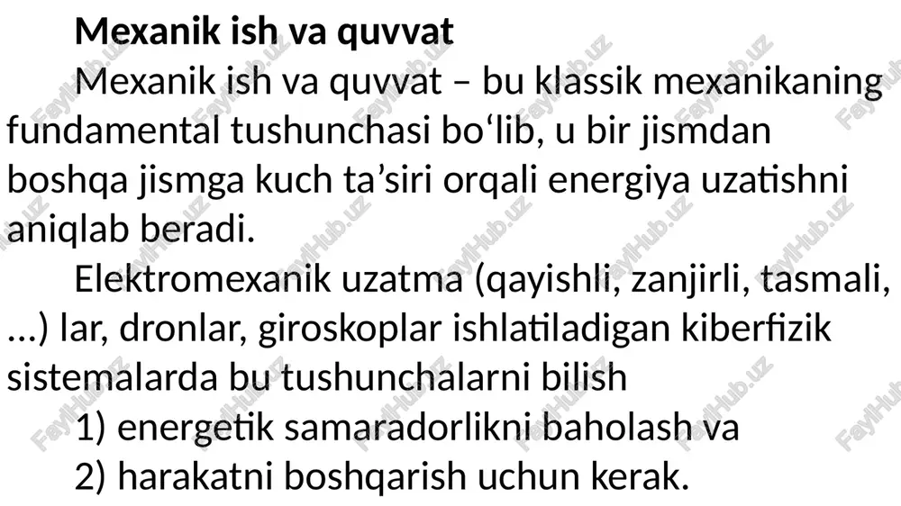 boʻladi: , ya’ni quvvat kuch vektorining tezlik vektoriga skalyar koʻpaytmasiga teng. n – skalyar miqdor. quvvat birligi: vatt (w) [n]=w kuch 1 s da 1 j ish bajarsa, quvvati 1 w boʻladi. agar vaqt boʻyicha ish bir tekis oʻzgarmasa, oniy tezlik tushunchasi kiritiladi: . bu yerda v – oniy tezlik. agar jismga energiya berilsa quvvat musbat boʻladi, energiya olinsa – manfiy boʻladi. masalan: 2 kg massali jism 10 n kuch ta’sirida 5 m ga da harakat qildi. kuch ishini toping. yechish: a=fscos=10·5·cos30º=50·0,866=43,3 j. agar ish 2 s da bajarilgan boʻlsa, quvvat: boʻladi. agar energiyaning bir qismi (masalan, ishqalanishda) yoʻqolsa, foydali ish koeffitsiyenti (fik) tushunchasi kiritiladi: . qoʻllanilishi: kiberxavfsizlikda robotexnika komplekslarida, dronlarda, elektr toki bilan harakatlanadigan qismlarda, servomotorda ish va quvvat tushunchalarini bilish quyidagilar uchun kerak: a) qurilmaning elektr samaradorligini hisoblashda; b) quvvati berilgan elektr toki bilan harakatlanadigan qurilmalarni loyihalashda; c) avtonom tizimlar uchun energiya ta’minotini optimallashtirishda. mexanik energiya mexanik energiya …