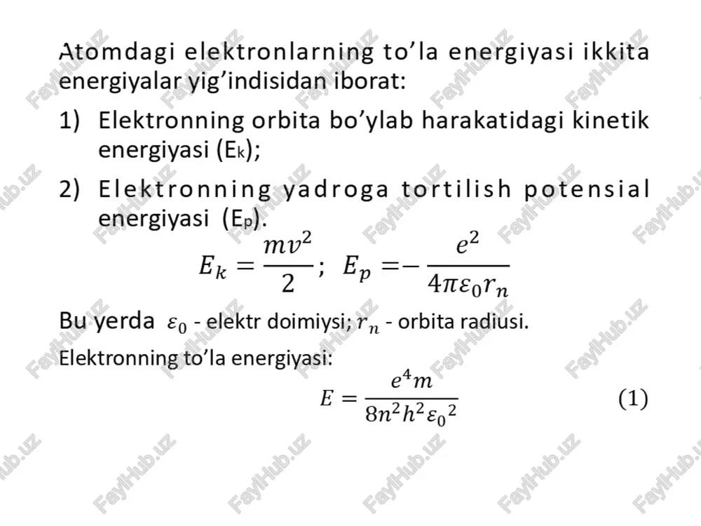 o’nalishni tanlab olaylik. bu holda atomlar, shunday qilib davriy potensial panjara doimiysi a ga mos chastota bilan takrorlanadi. hisoblashlarning ko’rsatishicha x o’qi bo’ylab to’lqin vektori k ning miqdori ga teng bo’ladi, bu yerda n = 1, 2, 3, …, ya’ni x o’qi bo’ylab elektron to’lqin tarqalib yuz bermaydi. bu degani n ning yuqorida berilgan qiymatlariga mos keluvchi energiya ta’qiqlangan bo’ladi. bu holda elektron to’lqin turg’un to’lqinga aylanadi. va unga mos keluvchi energetik spektr mana bunday bo’ladi: bu rasmdan chiqadigan xulosa: kristalldagi elektronning energetik spektri qator energiya qiymatlari ruxsat etilgan zonalardan iborat. bu zonalarni brillyuen zonalari deyiladi, uni valent va o’tkazuvchanlik zonalari bilan almashtirib bo’lmaydi. bizning rasmdagi bir nechta brillyuen zonalaridan (i, ii, iii) tashkil topgan barcha energetik spektrlar bitta zonaga, ya’ni o’tkazuvchanlik zonasiga tegishli. oddiy holda o’tkazuvchanlik zonasi qisman to’lgan zona hisoblanadi, unda elektronlar shu zona pastki sathlarini egallaydi. shu sathlar brillyuen birinchi zonasining eng pastki sathiga mos keladi. bu …