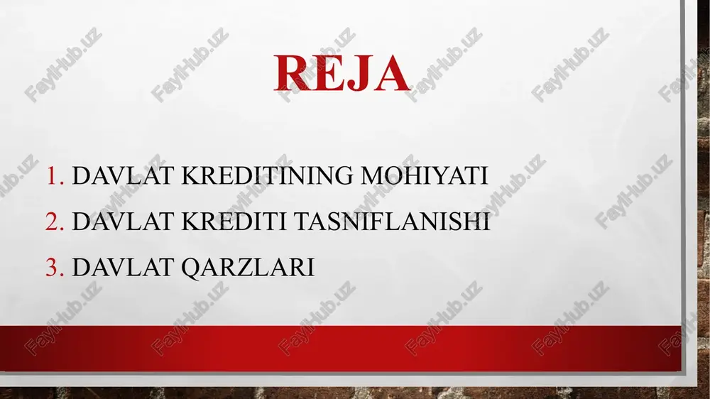sh shartlarini vazirlar mahkamasi belgilaydi davlat krediti va bank kreditining asosiy farqli jihatlari. davlat krediti bank krediti kredit foizining asosiy manbalari bo’yicha. xo’jalik subyektlarining foydasi. budjet mablag’lari kreditdan foydalanish maqsadlari byudjetning defitsitini moliyalashtirish uchun foydalanilishi,shuningdek mamlakatning ijtimoiy-iqtisodiy rivojlantirish ishlab chiqarish fondlarini doiraviy aylanishida va moddiy boyliklar yaratilishi ishtirok etish kredit munosabatlarida ishtirok etuvchi subyektlar davlat, tijorat banklari, aholi, xo’jalik yurituvchi subyektlar tijorat banklari, xo’jalik yurituvchi subyektlar, aholi davlat krediti funksiyalari taqsimlash nazorat tartibga solish davlat krediti tasniflanishi emitentlari bo’yicha markaziy boshqaruv organlari tomonidan joylashtiriladigan qarzlar hududiy boshqaruv organlari tomonidan joylashtiriladigan qarzlar joylashtirilish joyiga qarab ichki qarzlar tashqi qarzlar bozorda aylanishiga qarab bozorli qarzlar bozorsiz qarzlar bozorli qarzlar erkin sotiladi va sotib olinadi. ular byudjet defitsitini moliyalashtirishda asosiy omil bo’lib hisoblanadi. bozorsiz qarzlar erkin ravishda o’z egalarini almashtirishi mumkin emas. ular qimmatli qog’ozlar bozorida muomalada bo’lmaydi. ma’lum bir investorlarni jalb qilish uchun bunday qarzlar davlat tomonidan chiqariladi va shu investorlarning o’ziga …