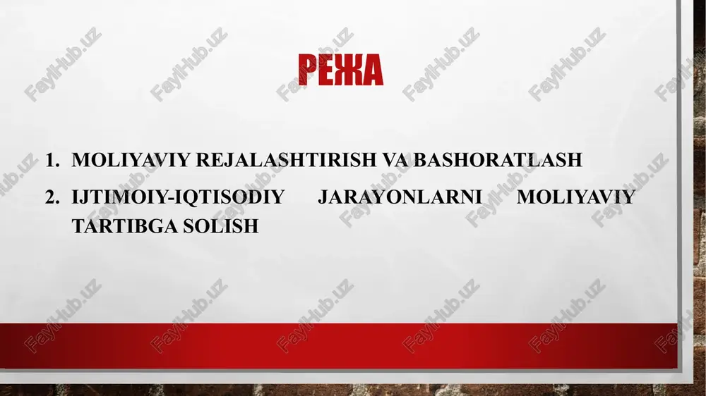 i) ishlab chiqish operativ rejalarning o'zgarishi asosida moliyaviy hisobotlarning bashorat variantlarini ishlab chiqish o'z reja topshiriqlarining bajarilishini ta'minlash uchun xo'jalik yurituvchi sub'ektning moliyaviy resurslarga bo'lgan konkret ehtiyojlarini aniqlash moliyalashtirish manbalari (shu jumladan, o'z va tashqi manbalarning) va ularning tarkibiy tuzilishini bashoratlash xo'jalik yurituvchi sub'ektlar moliyasini boshqarish tizimini yaratish va uni qo'llab-quvvatlash strategik joriy moliyaviy rejalashtir-ishning turlari tashqi va ichki muhitda o'zgarayotgan xo'jalik yuritish sub'ekti moliyaviy taraqqiyotining ko'p variantli bashoratidan iboratdir. strategik moliyaviy rejalashtirish strategik moliyaviy reja, hech bo'lmaganda, quyidagi savollarga aniq javob bermog'i lozim xo'jalik yurituvchi sub'ekt uchun talab qilinadigan kapitalning o'lchami qanday, u qaysi manbalar hisobidan va qanday muddatlarda jalb qilinadi? xo'jalik yurituvchi sub'ekt pul mablag'lari tushumi, ishlab chiqarishning rentabelligi va investitsiyalar daromadligining qanday darajalariga chiqishi mumkin va qay muddatlarda? bu kapitaldan qanday qilib foydalaniladi? o'z kuchiga ishongan holda xo'jalik yurituvchi sub'ekt rivojlanishi mumkinmi? agar yo'q bo'lsa, moliyaviy resurslarni jalb qilishning manbalari qanday? joriy moliyaviy rejalashtirishning asosiy funktsiyalari ishlab …