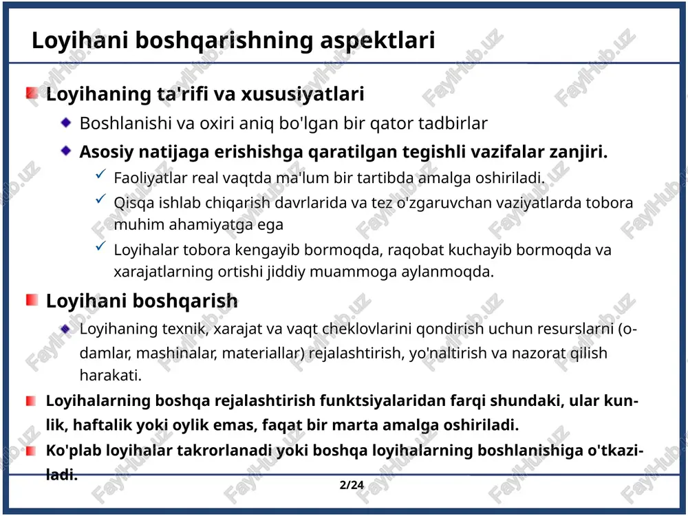 ashrida metodologiya bo'yicha o'zgarishlar:bosqichli (palapartishlik yondashuvi) tezkor usullar loyihalarni portfel va dasturlarga integratsiyalashning ahamiyati this work is licensed under a creative commons attribution 3.0 unported license (cc-by). project management chapter 1: project management: past and present loyiha boshqaruvchisi (pm) loyihaning maqsadlariga erishish uchun loyiha a'zolarini boshqarish, tashkil etish va rag'batlantirish a'zolarning faoliyati va sa'y-harakatlarini baholash; kapitalni investitsiyalash va vaqt sarfini tahlil qilish va qaror qabul qilish loyiha boshqaruvining ijobiy va salbiy tomonlari loyihani amalga oshirish uchun zarur bo'lgan tajriba va ko'nikmalarga ega bo'lgan xodimlarni sotib olish loyiha ishtirokchilarining pozitsiyasi ikki boshqaruvchi, mavjud munosabatlardagi o'zgarishlar, yangi ish, tashvish; agar loyiha muvaffaqiyatsiz bo'lsa, shaxsiy martaba salbiy ta'sir qiladi dinamik loyihani amalga oshirish muhitining afzalliklari yangi muhitda muammolarni hal qilish ‹#›/24 loyiha jadvalini ishlab chiqish loyihadagi har bir vazifa qancha vaqt oladi? vazifalar o'rtasida qanday aloqalar mavjud? mustaqil to'g'ridan-to'g'ri ustunlik keyinchalik murakkab munosabatlar ‹#›/24 resurslarni boshqarish “x loyiha” bo'yicha har bir vazifani bajarish …