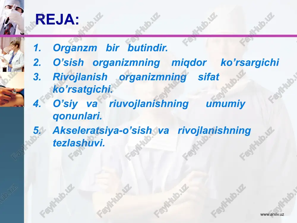 ari kelgusi davrning kurtaklari paydo bo’ladi. www.arxiv.uz o’sish- organizmning miqdori korsatkichi hisoblansa, rivojlanish sifat ko’rsatkichi hisoblanadi. bu ikki jarayon notekiswlik, umrsizlik, geteroxning va akseleratsiya jarayonlari asosida yuzaga chiqadi. odam organizmi paydo bo’lgunidan to vafot etgunga qadar ketma-ket keladigan morfologik, bioximik va fiziologik o’zgarishlarga uchraydi. bu o’zgarishlar o’sish va rivojlanish bosqichlarini yuzaga keltiruvchi irsiy faktorlarga bog’langan. biroq, bu irsiy faktorlarning yuzaga chiqishda yosh xususiyatlarning shakllanishida ta’lim tarbiya, bolaning ovqatlanishi, turmushning gigiyenik sharoiti, sport va mexnat faoliyati katta ta’sir ko’rsatadi. bolaninbg dastlabki qadam tashlashi, hayoti davomidagi harakat funksiyasining rivoj;lanishi, bolaning birinchi aytgan so’zi va hayoti davomida nutq funksiyasining rivojlanishi. bolaning o’smirga aylanishi markaziy nerv sistemasining rivojlanishi, reflektor faoliyatining murakkablashuvi, bular organizmida kechadigan uzluksiz o’zgarishlarning bir bo’lagidir. bu o’zgarishlarni bolaning gavda proporsiyasining o’zgarishlardan ham bilish mumkin. www.arxiv.uz yangi tug’ilgan chaqaloq qo’l oyoqlarini kaltaligi, gavda va boshning kattaligi bilan katta odamdan farq qiladi. bolaning gavdaga bo’lgan nisbati quyidagicha: yangi tug’ilgan chaqaloqda 1-4,2 yoshda, 1-5,6yoshda …