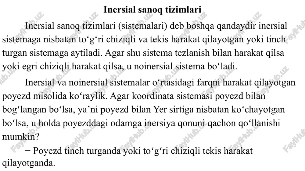 z oʻqlari esa “qoʻzgʻalmas” yulduzlarga yoʻnaltiriladi. yerdagi yuz beradigan barcha hodisalar uchun geliosentrik sanoq sistemasi inersial boʻladi. yer bilan bogʻlangan sanoq sistemasi aniq aytganda noinersial, ammo uning noinersialligidan yuzaga keladigan effektlar (yer oʻz oʻqi atrofida va quyosh atrofida aylanadi), koʻp masalalarni yechayotganda hisobga olmaslik darajada kichik boʻladi va bu hollarda uni inersial deb hisoblash mumkin. jismning massasi – jismning inersion (inert massa) va gravitatsion xossalarini (gravitatsion massa) aniqlab beruvchi fizik miqdor (kattalik). hozirgi vaqtda inert va gravitatsion massalarning bir-biriga tengligi isbotlangan. kuch – vektor kattalik boʻlib, u jismga boshqa jismlar tomonidan yoki maydonlar tomonidan mexanik ta’sirning oʻlchami hisoblanadi. bu ta’sir natijasida jism tezlanish oladi yoki oʻz shakli va oʻlchamlarini oʻzgartiradi. moddiy nuqtaning harakat miqdori (impulsi) deb son qiymati massaning tezlikka koʻpaytmasiga teng, yoʻnalishi esa tezlik yoʻnalishida boʻlgan fizik kattalikka aytiladi. nyuton qonunlari i qonun: har qanday moddiy nuqta (jism) oʻzining tinch holatini yoki toʻgʻri chiziqli tekis harakat holatini unga bu …