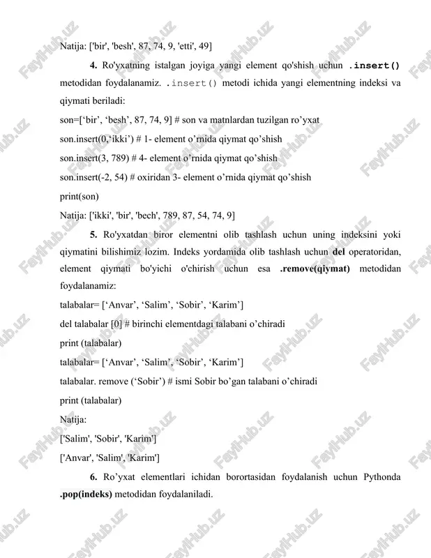 im’, ‘sobir’, ‘karim’] talabalar. remove (‘sobir’) # ismi sobir bo’gan talabani o’chiradi print (talabalar) natija: ['salim', 'sobir', 'karim'] ['anvar', 'salim', 'karim'] 6. ro’yxat elementlari ichidan borortasidan foydalanish uchun pythonda .pop(indeks) metodidan foydalaniladi. talabalar= [‘anvar’, ‘salim’, ‘sobir’, ‘karim’] alochi= talabalar.pop(3) print (‘bizning faxrimiz alochi talaba ’+alochi) natija: bizning faxrimiz alochi talaba karim 7. aksar holatlarda ro'yxat ichidagi elementlarni alifbo ketma-ketligida tartiblash talab qilinishi mumkin. buning uchun list uchun maxsus .sort() metodidan foydalanamiz. talabalar= [‘tolib’, ‘bexruz’, ‘anvar’, ‘salim’, ‘sobir’, ‘karim’] talabalar.sort() print (talabalar) natija: ['anvar', 'bexruz', 'karim', 'salim', 'sobir', 'tolib'] 8. ro'yxatni teskari tartibda tartiblash uchun .sort() metodi ichida reverse=true argumentini kiritamiz. talabalar= [‘tolib’, ‘bexruz’, ‘anvar’, ‘salim’, ‘sobir’, ‘karim’] talabalar. sort(reverse=true) print (talabalar) natija: ['tolib', 'sobir', 'salim', 'karim', 'bexruz', 'anvar'] 9. sorted() funksiyasi yordamida ham yuqoridagi amallarni bajarishimiz mumkin. talabalar= [‘tolib’, ‘bexruz’, ‘anvar’, ‘salim’, ‘sobir’, ‘karim’] print(sorted(talabalar)) print(sorted(talabalar, reverse=true)) natija: ['anvar', 'bexruz', 'karim', 'salim', 'sobir', 'tolib'] ['tolib', 'sobir', 'salim', 'karim', 'bexruz', 'anvar'] …