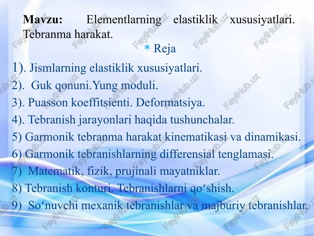 natijada choʻzilishga qarshilik qiluvchi molekulyar tortishish kuchlari paydo boʻladi. siqilishda jism molekulalari oʻrtasidagi itarishish kuchi siqilishga qarshilik qiladi. 2. siljish. bu deformatsiya jismga parallel kuchlar qarama-qarshi yoʻnalishda ta’sir qilganda yuz beradi; bunda jismning bir qatlami boshqasiga qaraganda siljiydi (rasm, c). siljish deformatsiyasi qaychi bilan kesganda, bolt va parchinlash (zaklyopka) birikmalarida yuzaga keladi. 3. egilish. (rasm, d). ikkita asosga qoʻyilgan balka (qoʻyliq koʻprigi balkasi), u oʻz ogʻirligi ta’sirida yoki tashqi yuk ta’sirida egilish deformatsiyasiga uchraydi. egilish juft kuch ta’sirida yuz beradi: a) yukning ta’sir kuchi; b) tayanchning reaksiya kuchi. bunda detalning (jismning) qavariq qismlarida choʻzilish sodir boʻladi, botiq qismida – qisilish. 4. buralish (eshilish). bu deformatsiya qarama-qarshi yoʻnalgan ikkita teng momentlar ta’siriga uchraydigan barcha detallarda kuzatiladi (rasm, e). misol: aylanma harakatni uzatuvchi val. mexanik kuchlanish deb kuchning yuzaga nisbatiga aytiladi: , . nisbiy uzayish: , bu yerda – uzunligi boʻlgan simning kuch ta’sirida uzunligining oʻzgarishi. guk qonuni kichik deformatsiyalarda jismning uzayishi …