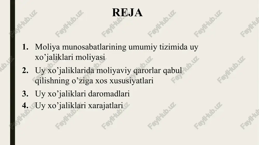 boshqalar. uy xo’jaligining moliyaviy qarorini resurs jihatdan ta’minlash quyidagi manbalar hisobidan amalga oshiriladi: dastlabki (boshlang’ich) manbalar; jamg’ariladigan manbalar; joriy manbalar. resurslar dastlabki (boshlang’ich) manbalarining tarkibi meros bo’yicha yoki ko’chmas mulk, naqd pullar, moliyaviy aktivlarning hadya etilishi natijasida berilgan boyliklarning turli moddiy shakllaridan iborat. uy xo’jaliklarining jamg’armalari va investitsion qo’yilmalari resurslarning jamg’ariladigan manbasini tashkil etadi. resurlarning joriy manbalariga doimiy tushilmalar (mehnat haqi, tadbirkorlik faoliyatidan olinadigan daromadlar, sotsial transfertlar) va bir martalik xarakterga ega bo’lgan pulli daromadlar (masalan, iste’mol krediti, lotereyadagi yutuqlar) kiradi. funksional mo’ljallanganligiga ko’ra uy xo’jaliklarining moliyaviy resurslari joriy xarajatlar uchun mo’ljallangan pul mablag’lari – oziq-ovqat mahsulotlari, nooziq-ovqat mahsulotlarining ayrim turlarini (poyafzal, ust-bosh) sotib olish xarajatlari, davriy ravishda iste’mol qilinadigan xizmatlarning haqi va h.k. kapital xarajatlar uchun mo’ljallangan pul mablag’lari – uzoq davr foydalanishga mo’ljallangan tovarlar (mebel, uy-joy, transport vositalari) uchun xarajatlar, uy xo’jaligi a’zolari tomonidan iste’mol qilinadigan xizmatlarning (maorif, tibbiy xizmat ko’rsatish, sayyohlik yo’llanmalari) haqini to’lash pul jamg’arma-lari uy …