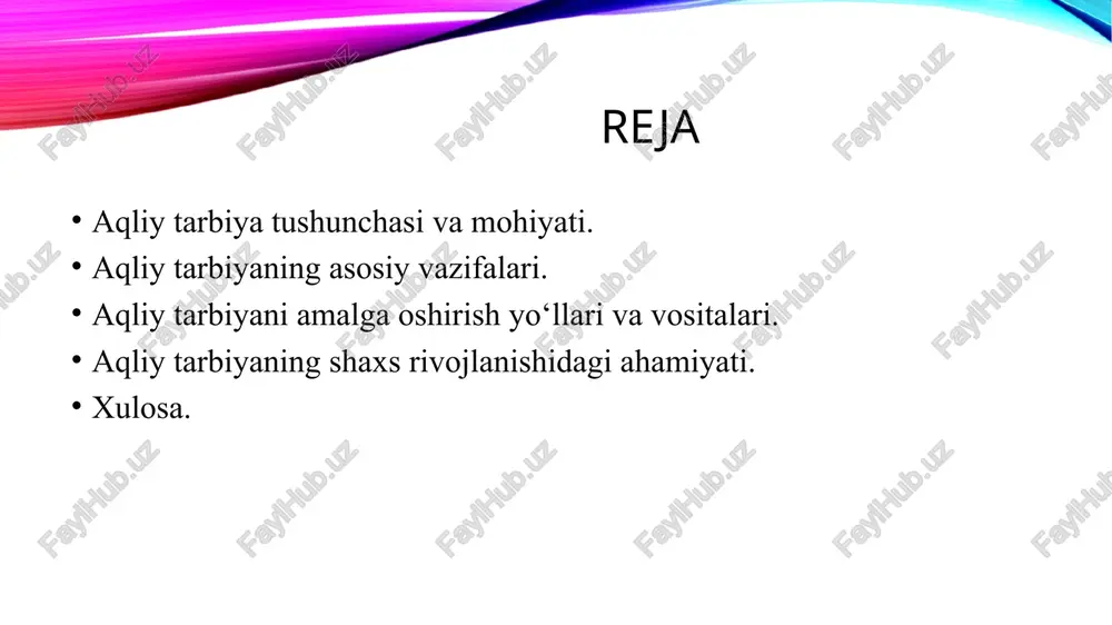 onida, dastlab muomalada bo‘lish, narsalar bilan bajariladigan faoliyat natijasida, keyin esa o‘quv, mehnat, samarali faoliyatlar: rasm chizish, loy va plastilindan buyumlar yasash, applikatsiya, qurish - yasash jarayonida amalga oshirib boriladi. bolaning aqliy rivojlanishiga ta’lim va tarbiya samarali ta’sir ko‘rsatadi. maktabgacha tarbiya yoshidagi bolalarga aqliy tarbiya berishni to‘g‘ri tashkil etish uchun ularning aqliy rivojlanish qonuniyatlari va imkoniyatlarini bilish kerak. aqliy tarbiyaning vazifasi uning mazmuni, metodi va tashkil etilishiga qarab belgilanadi. pedagogika va psihologiya fani aqliy tarbiya berish vazifalarini samarali hal etishda, bir tomondan, bolaning imkoniyatlaridan unumli foydalanish, ikkinchi tomondan, bola organizmining umumiy charchashiga sabab bo‘lishi mumkin bo‘lgan ortiqcha toliqtirish bo‘lmasligi yo‘llarini topish uchun maktabgacha tarbiya yoshidagi bolalarning aqliy rivojlanishi qonuniyatlari va imkoniyatlarini o‘rganish bilan shug‘ullanadi. maktabgacha tarbiya yoshining oxiriga kelib, bolalar tevarak atrof to‘g‘risida kattagina hajmdagi eng oddiy bilim va tushunchalarga ega bo‘ladilar, asosiy fikrlash jarayonlarini egallab oladilar. faqat yaxshi tashkil etilgan faoliyat jarayonidagina to‘laqonli aqliy rivojlanish ro‘y beradi, shuning uchun …