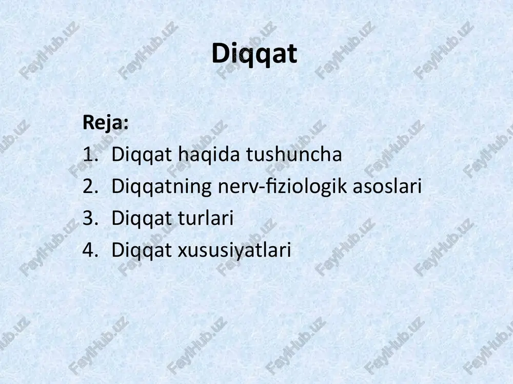 ir ravishda o‘ziga tortib oladi va buning natijasida boshqa qo‘zg’alishlarga nisbatan uning hukmronligi yanada oshib boradi. villiam james diqqatning “faol” va “passiv” turlarini ajratgan (1890). faol diqqat individual taraqqiyotning yuksalishini, passiv diqqat tashqi stimulga sust javob berishdir. yantisning (1998, p. 252) fikricha, “stimul – tez va kuchliligiga qarab nazorat qilinadi” olportning fikricha (1993, pp. 203–204): bu haqiqatga o‘xshab ko‘ringani bilan yakka-yu yagona mexanizm emas yoki ichki imkoniyat kauzal atributsiya diqqat fenomeni tafakkurning yoki idrokning asosida shakllanadi. ixtiyorsiz ixtiyoriy ixtiyoriydan so'nggi tashqi ichki individual guruhli jamoa diqqat turlari aktivligiga qarab ob'ektiga qarab faoliyat formasiga qarab diqqatning turlari tashqi diqqat ichki diqqat diqqatning turlari diqqat turlari o'qituvchining vazifasi! ixtiyorsiz diqqat deb to’satdan ta'sir qilgan biror sabab tufayli bizning hohishimizdan tashqari hosil bo’ladigan diqqatga aytiladi. odamning ko‘z o’ngida paydo bo’ladigan juda yorqin rangli narsalar, o‘zining tashqi ko’rinishi jihatidan odatdagi narsalardan keskin farq qiluvchi predmetlar, to’satdan paydo bo’lgan qattiq tovush, biror narsaning keskin harakati …