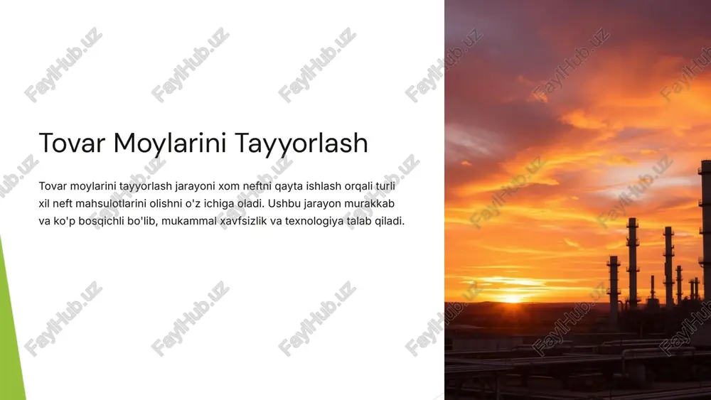 shdan qadoqlashgacha nazorat qilish. 0% xatoliklar sifat standartiga javob bermaydigan mahsulotlarni ishlab chiqarishni oldini olish. 7 tovar moylarini qadoqlash va saqlash tovar moylarini maxsus qadoqlash, ularning sifatini saqlash uchun mo'ljallangan. qadoqlangan tovar moylarini to'g'ri saqlash sharoitlarini yaratish, ularning sifatini uzoq vaqt davomida saqlash. tovar moylarini saqlash va tashish bo'yicha qat'iy qoidalarga rioya qilish. 8 tovar moylarini sotishga tayyorlash 1 sotuvga tayyorlash 2 qadoqlash 3 sifat nazorati 4 ishlab chiqarish 9 tovar moylarining qo'llanilish sohalari avtotransport yoqilg'i sifatida avtomobillar va boshqa transport vositalarida qo'llaniladi. sanoat sanoat jihozlarini ishga tushirish uchun, yog'lash materiallari va boshqa maqsadlar uchun qo'llaniladi. korshona kema va boshqa suzib yuruvchi transport vositalarida yoqilg'i sifatida qo'llaniladi. 10 xulosa va istiqbollar tovar moylari zamonaviy dunyoning muhim tarkibiy qismi bo'lib, energiya va sanoat rivojlanishida katta rol o'ynaydi. 11 image1.png image2.png image3.png image4.png image5.png image6.png image7.png image8.png image9.png image10.png image11.png image12.png image13.png image14.png image15.png image16.png image17.png image18.png image19.png image20.png image21.png image22.png