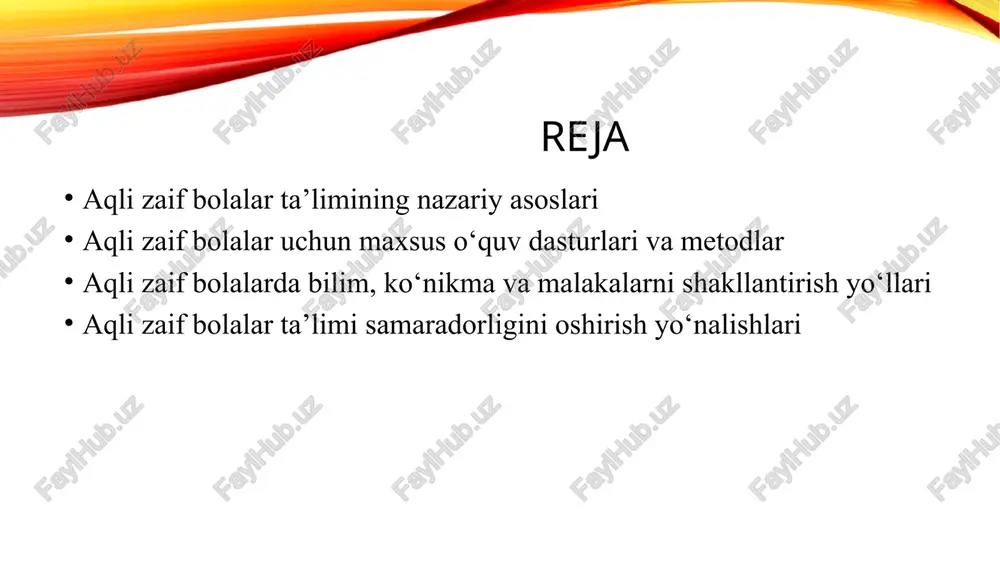iya tabiatan kuchayib boradi, oligofreniyada esa bu kuzatilmaydi. ammo oligofreniya ham kelib chiqish sabablariga ko’ra , tug’ma yoki orttirilgan bo’lishi mumkin. tug’ma oligofreniyaga olib kelishi mumkin bo’lgan sabablar: xromasoma kasalliklari; kabilar. -rezus faktorning to’g’ri kelmasligi; ona qornidaligi ya’ni bola homila vaqtida sabab bo’lishi mumkin bo’lgan omillar: onaning turli kasalliklarga chalinishi;( og’ir virusli, tif, qizilcha kabi). ona organizmidagi turli parazitlarning homilaga yuqishi; homilaning shikastlanishi; ota – onaning alkogolizmi; debillik – aqliy zaiflik oligofreniyaning eng yengil darajasi bolib , bunday bolalarni tashqi ko’rinishiga qarab sog’lom tengdoshlaridan ajratib bo’lmaydi. balki shu sabab , ular o’qishni ommaviy maktabning 1-sinfidan boshlaydilar, ammo qisqa muddatda o’zlashtirish, faxm-farosat bobida qiynaladilar. biroq ular yordamchi maktabga o’tib, darsliklarni o’zlashtirib chiqishsa, sanoat , ishlab chiqarish, mayishiy xizmat sohalarida oddiy turdagi mehnat bilan shug’ullana oladilar. yuqoridagilardan ko’rinib turibdiki bu kabi bolalar alohida ta’lim ehtiyojlari bo’lgan bolalar, bunday bolalar ijtimoiy qo’llab quvvatlash, sifatli talim -tarbiya olish, me’yorda rivojlanayot-gan tendoshlari singari o’z qobilyatlari …