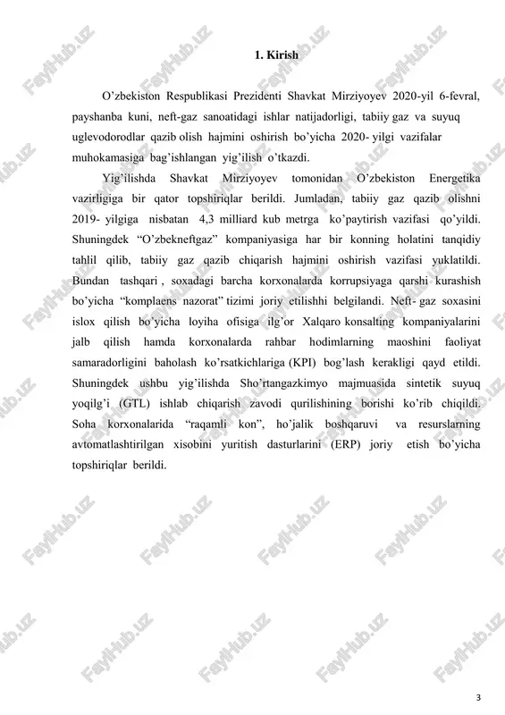 hyo mahsulotlarining tavsifi farg’ona neftni qayta ishlash zavodi xomashyo sifatida neft va gazokondensatlardan foydalanadi. bulardan asosiysi neft bo’lib, u kelish joyiga qarab turlicha bo’ladi. masalan, qorovulbozor nefti, asaka nefti, qumko’l (qozog’iston) nefti, oltingugurtli neft va boshqalar. neft yer qarining 2000 m gacha va undan chuqur qismida bo’ladigan moysimon, qoramtir-to’q jigarrang, nurda fluorensiyalanuvchi suyuqlik. neftning rangi uning tarkibidagi smolasimon moddalar miqdori va tuzilishiga bog’liq bo’lib, hattoki deyarli rangsiz neft xillari ham uchraydi. qovushqoqligi suvga nisbatan bir necha o’n va hatto yuz martalab yuqori, zichligi esa bir qancha kichkina. uning aniq qaynash temperaturasi ma'lum emas. sababi, neft tarkibidagi uglevodorodlarning har- xil nisbatda ekanligidir. qazib olinayotgan 1 tonna neft o‘zi bilan 50-100 m3 gaz, 200-300 kg suv, 10-15 kg mineral tuz va chiqindilarni birga olib chiqadi. kimyoviy tarkibi jihatidan neft uglevodorodlar aralashmasidan iborat. turli joydan chiqan neftning tarkibi turlicha bo‘lib, uning solishtirma og‘irligi 0,73 bilan 0,97 orasidadir. buning sababi uning tarkibining turlichaligidadir. masalan, …