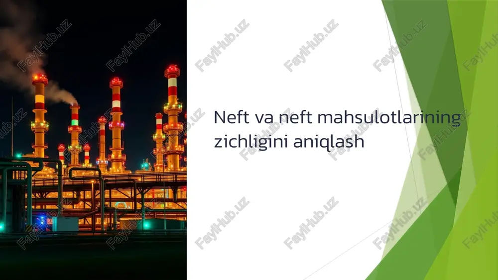 zichligi 0,78 dan 0,81 g/sm³ gacha bo'ladi. 7 neft mahsulotlarining zichligini aniqlashning standart sinov usullari astm d1298 bu standart suyuq neft mahsulotlarining zichligini aniqlash uchun ishlatiladi. iso 12185 bu standart ham suyuq neft mahsulotlarining zichligini aniqlash uchun qo'llaniladi. 8 iso 12185 standarti bo'yicha zichlikni aniqlash 1 1. haroratni o'lchash neft mahsulotining haroratini aniqlang. 2 2. piknometrni to'ldirish piknometrni neft mahsuloti bilan to'ldiring. 3 3. massani o'lchash piknometrning to'liq massasini aniqlang. 4 4. zichlikni hisoblash iso 12185 standartidagi formuladan foydalanib, zichlikni hisoblang. 9 neft mahsulotlari zichligini aniqlash uchun o'lchov asboblarini kalibrlash 1 1. standart namunalar ma'lum zichlikka ega bo'lgan standart namunalarni foydalaning. 2 2. o'lchov asboblarini tekshirish standart namunalarni o'lchash asboblari bilan tekshiring. 3 3. kalibrlashni amalga oshirish o'lchov asboblarini sozlash va kalibrlashni amalga oshirish. 10 xulosa: neft va neft mahsulotlarining zichligi haqida asosiy xulosalar 1 muhim xususiyat neft va neft mahsulotlarining zichligi ularning kimyoviy tarkibi va sifatini aniqlashda muhim omil …