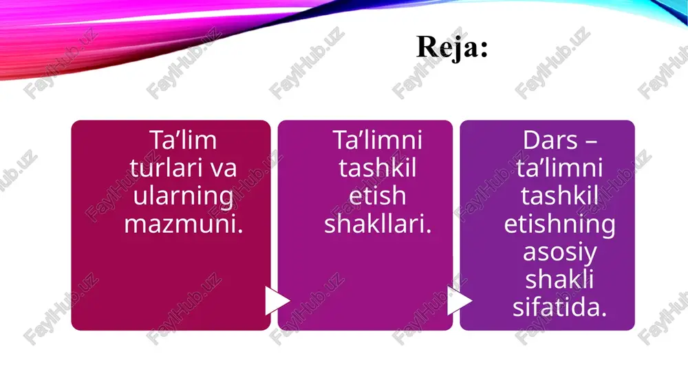 imini baholashni raqamlashtirish va shaffofligini oshirishga xizmat qilmoqda. ta’limni tashkil etish shakllari individual sinf – dars seminar va amaliy tajriva dars- bevosita o'qituvchi rahbarligida aniq belgilangan vaqt davomida muayyan o'quvchilar guruhi bilan olib boriladigan talim jarayonining asosiy shakli hisoblanadi. darsda har bir o'quvchi xususiyatlarini hisobga olish , barcha o'quvchilarning mashg'ulot jarayonida o'rganilayotgan fan asoslarini egallab olishlari ularning idrok etish qobiliyatlari va manaviy- axloqiy sifatlarini tarbiyalash hamda rivojlantirish uchun qulay sharoitlar yaratib beriladi. sinf-dars tizimiga garchi 350 yil avval asos solingan bolsa-da, bugungi kunda ham keng kolamda foydlanilmoqda . uning asosiy mazmuni o'quv ishlarini tashkil etishning o'ziga xos shakli sifatida quyidagilarni oz ichiga oladi: 1 bir xil yoshdagi va taxminan bir xildagi tayyorgarlik darajasiga ega bolgan talim oluvchilar ,yani o'quvchilar sinfni tashkil etadi. 2 sinf faoliyati yagona yillik reja va dastur asosida doimiy dars jadvali bo'yicha tashkil etiladi, buning natijasida bolalar maktabga yilning bir vaqti va oldindan belgilangan kun soatlarida kelishlari …