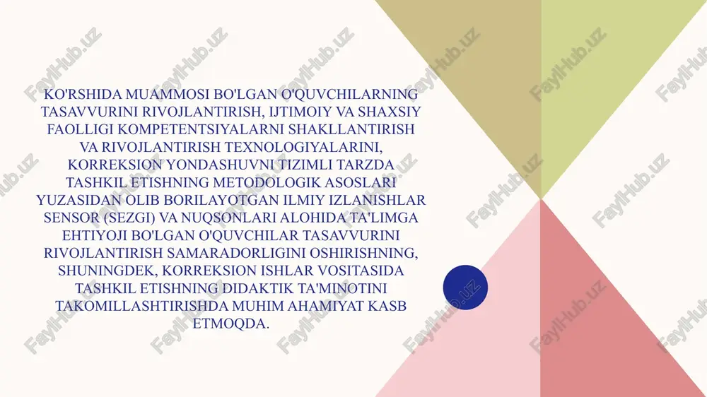 eng kuchli taassurotlar ko'z bilan idrok etiladi. o'quvchi ko'rish qobiliyati orqali narsalarning rangi, shakli, hajmi, harakati, uzoq-yaqinligi, fazodagi o'rni haqida tasavvurga ega bo'ladi. ma'lum ko'rish analizatori nurlarni qabul qiluvchi qism-ko'z olmasi va uning yordamchi apparatlaridan ko'zga tushgan tasvirni avval po'stloq osti markazlariga keyin esa oily ko'ruv markazlari joylashgan katta miya po'stlog'iga yetkazib beradigan o'tkazuvchi yo'llardan tashkil topgan. ana shu analizatorning har qanday qisimlardagi o'zgarishlar o'quvchining ko'rish qobiliaytiga albatta ta'sir ko'rsatadi. l.a.venger tomonidan maktabgacha yoshdagi bolalarda o‘tkazilgan idrok rivojlanishini o‘rganishga bag'ishlangan tadqiqotlar ko‘rsatdiki, pretseptiv harakat bilish usullarini takomillashtirish jarayonida shakllanadi. ilk yoshdan maktabgacha yoshga o‘tishda, ya’ni 3 yoshdan 7 yoshgacha produktiv va konstruktiv faoliyat ta’sirida bolada pretseptiv analitik sintetik faoliyatning murakkab turlari, jumladan, bu operatsiyalarni amaliy planda bajarishdan oldin, ko‘rib turgan obyektni xayolan qismlarga ajratish va keyin ularni yaxlit birlikka birlashtirishga oid murakkab qobiliyat yuzaga keladi. pretseptiv obrazlar predmetlar shakliga nisbatan yangicha mazmun kasb etadi. predmetlar konturidan (chizgilaridan) tashqari ularning strukturasi, …