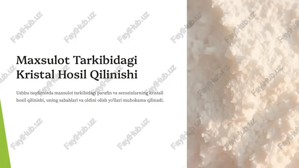 hosil bo'lishini oldini olish bo'yicha chora-tadbirlar maxsulotlarni sinash maxsulotlarni muntazam ravishda sinash, ularning xususiyatlarini nazorat qilish. saqlash sharoitlarini optimallashtirish maxsulotlarni to'g'ri harorat va namlikda saqlash. ishlab chiqarish jarayonini optimallashtirish ishlab chiqarish jarayonini yaxshilash, kristall hosil bo'lishining oldini olish. 8 kristall hosil bo'lishini oldini olish uchun texnologik jarayonni takomillashtirish 1 yangi texnologiyalar kristal hosil bo'lishini kamaytiradigan yangi texnologiyalarni joriy etish. 2 optimal haroratni saqlash ishlab chiqarish jarayonida haroratni doimiy ravishda nazorat qilish. 3 namlikni nazorat qilish ishlab chiqarish jarayonida namlikni nazorat qilish. 9 kristall hosil bo'lishining xalq xo'jaligidagi salbiy oqibatlari 1 sifat pasayishi maxsulotning sifati va ko'rinishi pasayadi. 2 yaroqlilik muddati qisqaradi maxsulot tezroq yaroqsiz holatga keladi. 3 iqtisodiy zarar maxsulotni yo'qotish, ishlab chiqarish xarajatlarining oshishi. 10 xulosalar va tavsiyalar maxsulot tarkibidagi parafin va serozinlarning kristall hosil bo'lishini oldini olish uchun harorat, namlik va aralashtirishni nazorat qilish, saqlash sharoitlarini optimallashtirish va texnologik jarayonni takomillashtirish zarur. 11 image1.png image2.png image3.png image4.png image5.png …
